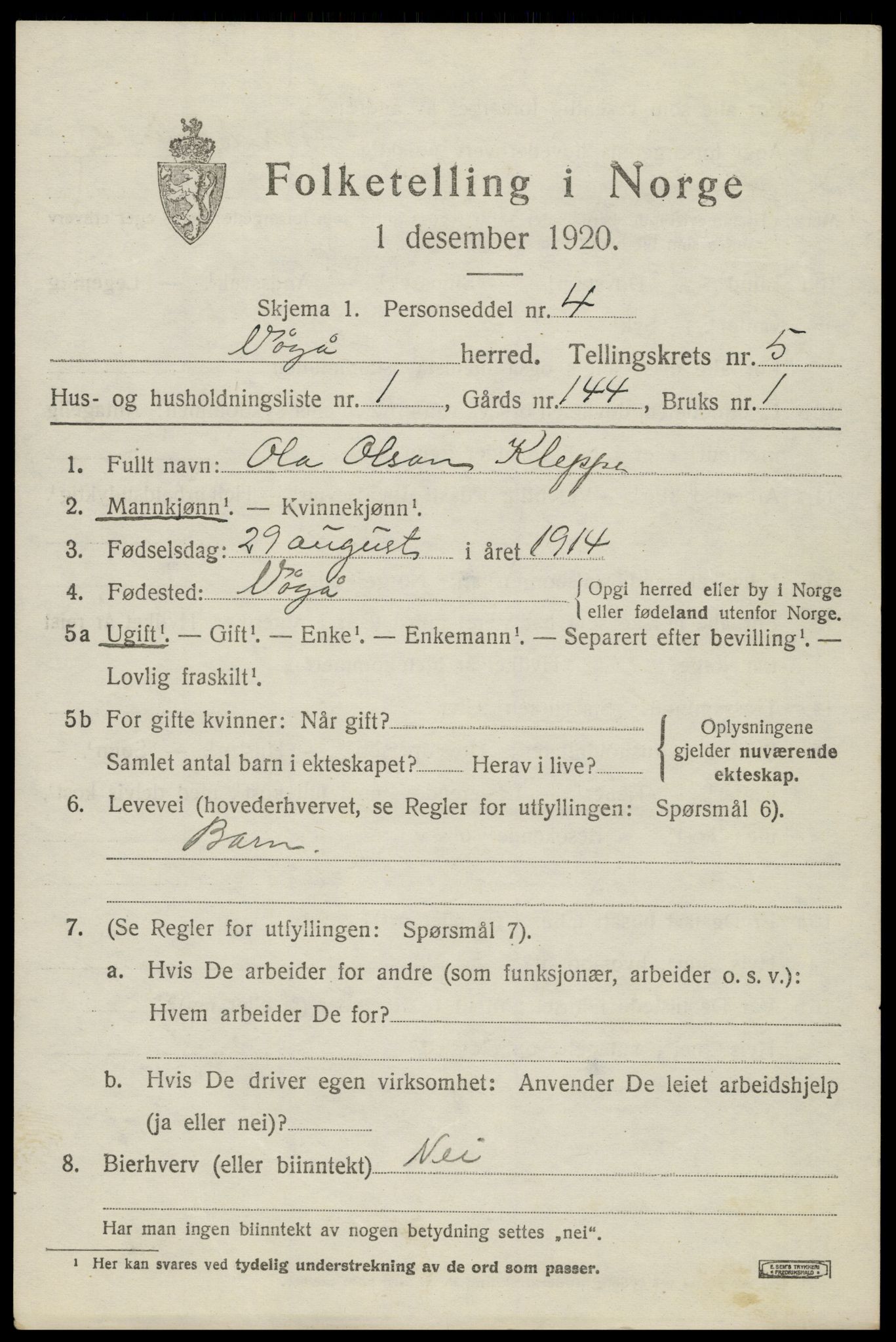 SAH, 1920 census for Vågå, 1920, p. 3938