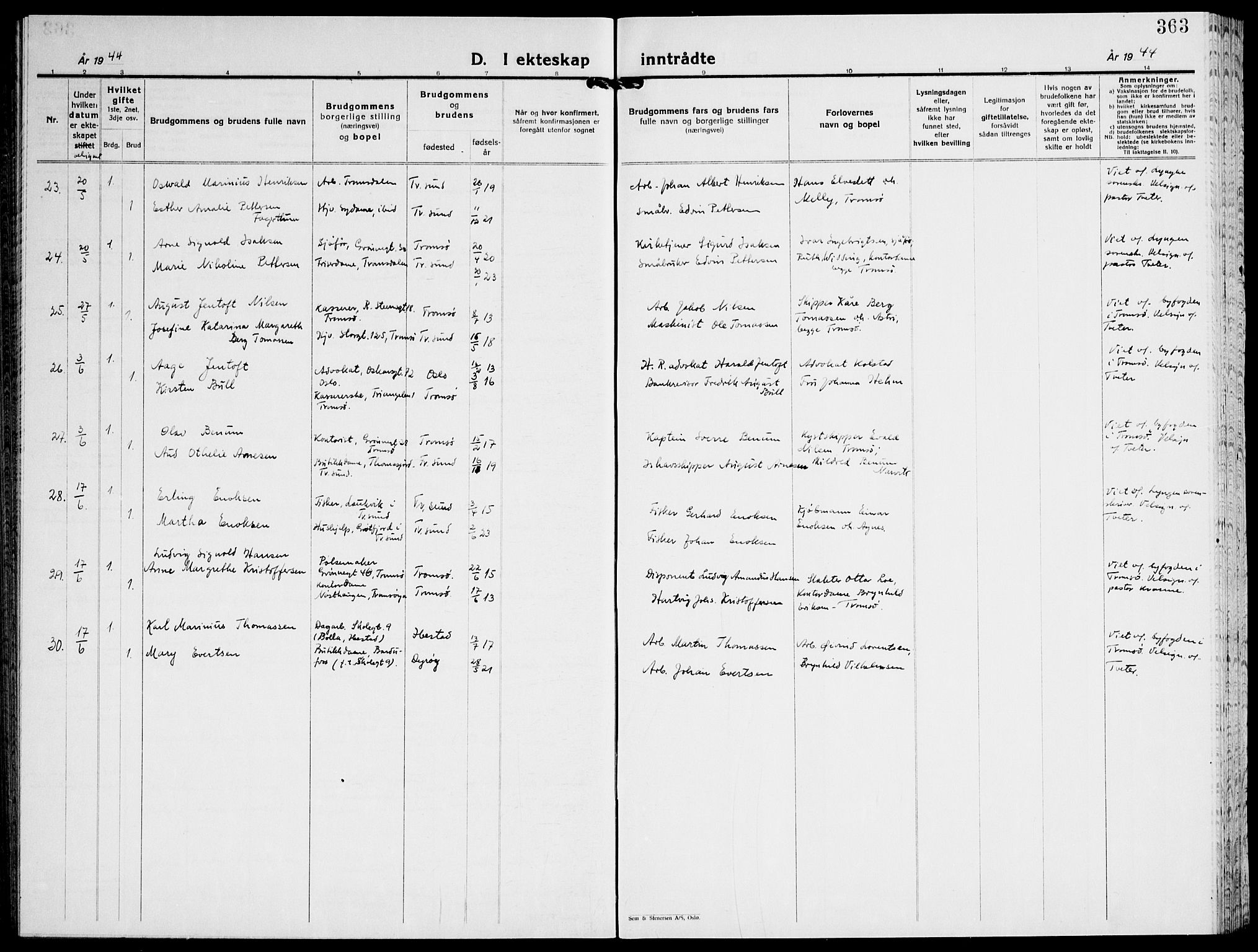 Tromsø sokneprestkontor/stiftsprosti/domprosti, AV/SATØ-S-1343/G/Gb/L0011klokker: Parish register (copy) no. 11, 1942-1944, p. 363