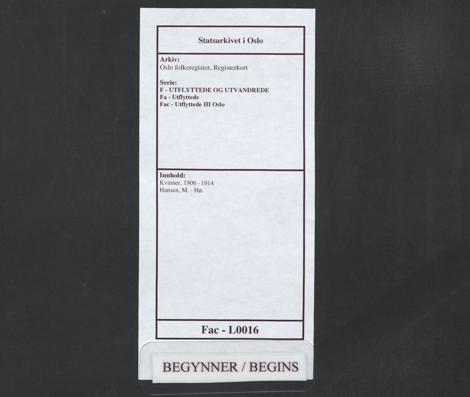 Oslo folkeregister, Registerkort, SAO/A-11715/F/Fa/Fac/L0016: Kvinner, 1906-1914