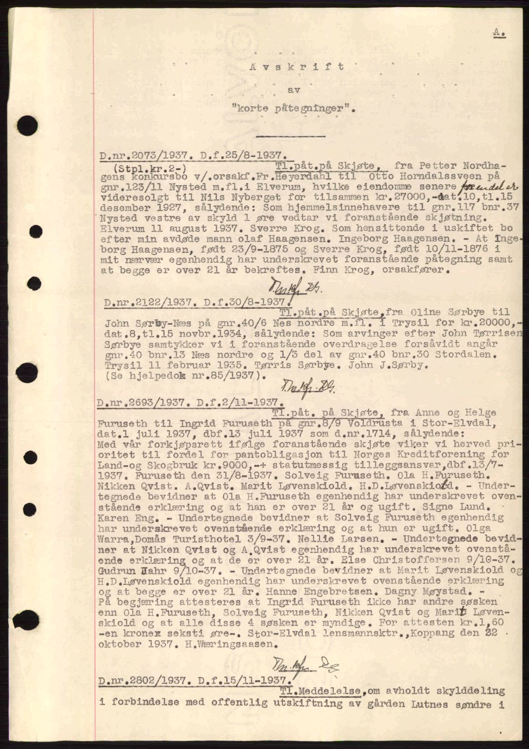 Sør-Østerdal sorenskriveri, AV/SAH-TING-018/H/Hb/Hbb/L0057: Mortgage book no. A57, 1937-1937, Diary no: : 2073/1937