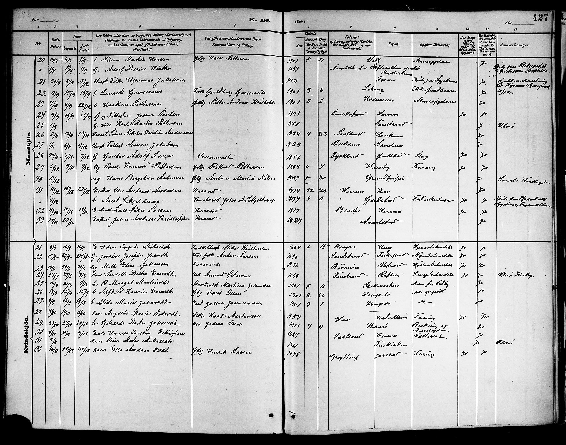 Ministerialprotokoller, klokkerbøker og fødselsregistre - Nordland, AV/SAT-A-1459/888/L1268: Parish register (copy) no. 888C06, 1891-1908, p. 427