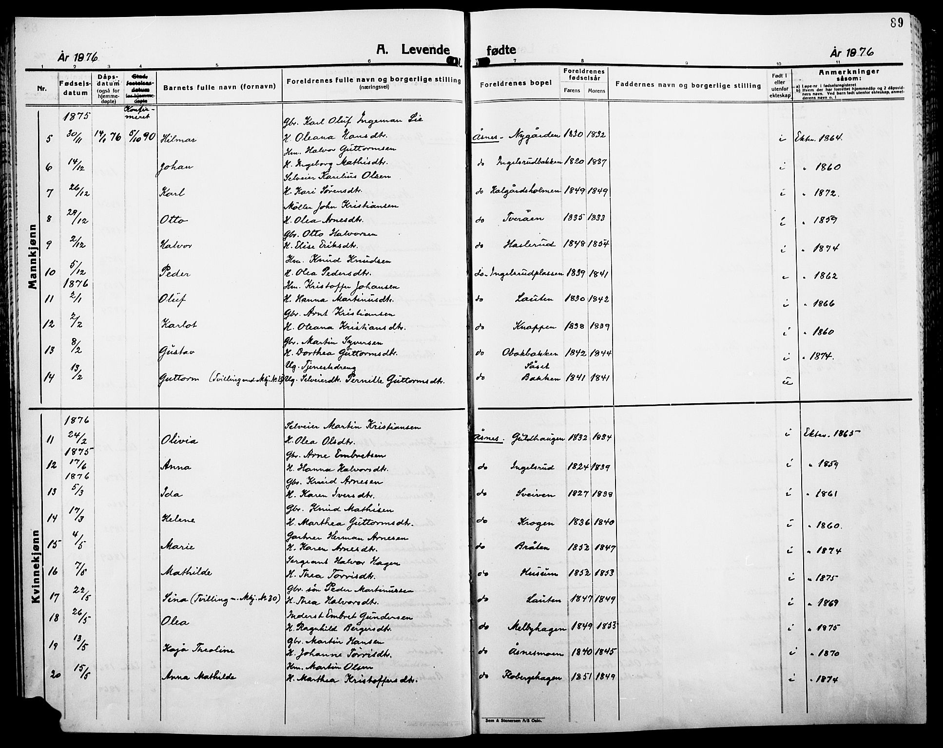 Åsnes prestekontor, SAH/PREST-042/H/Ha/Haa/L0000B: Parish register (official), 1870-1889, p. 89