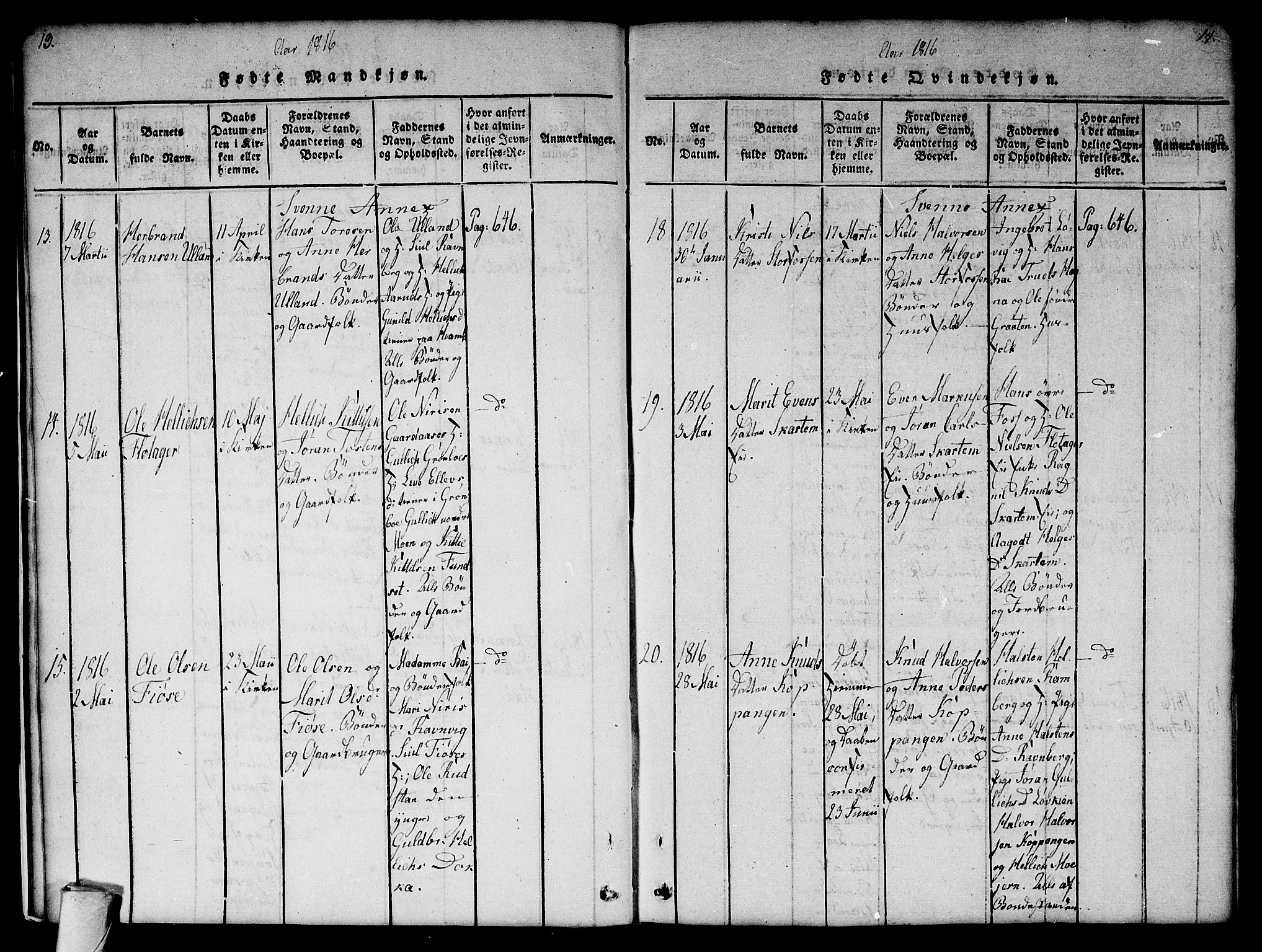 Flesberg kirkebøker, SAKO/A-18/G/Ga/L0001: Parish register (copy) no. I 1, 1816-1834, p. 13-14