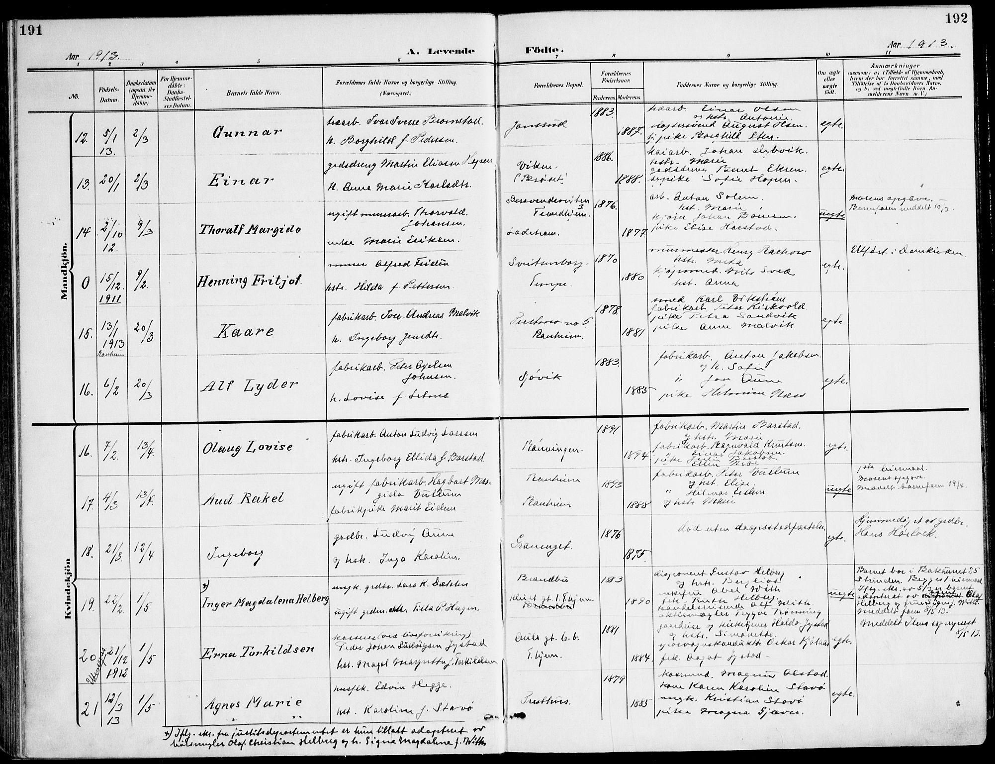 Ministerialprotokoller, klokkerbøker og fødselsregistre - Sør-Trøndelag, AV/SAT-A-1456/607/L0320: Parish register (official) no. 607A04, 1907-1915, p. 191-192