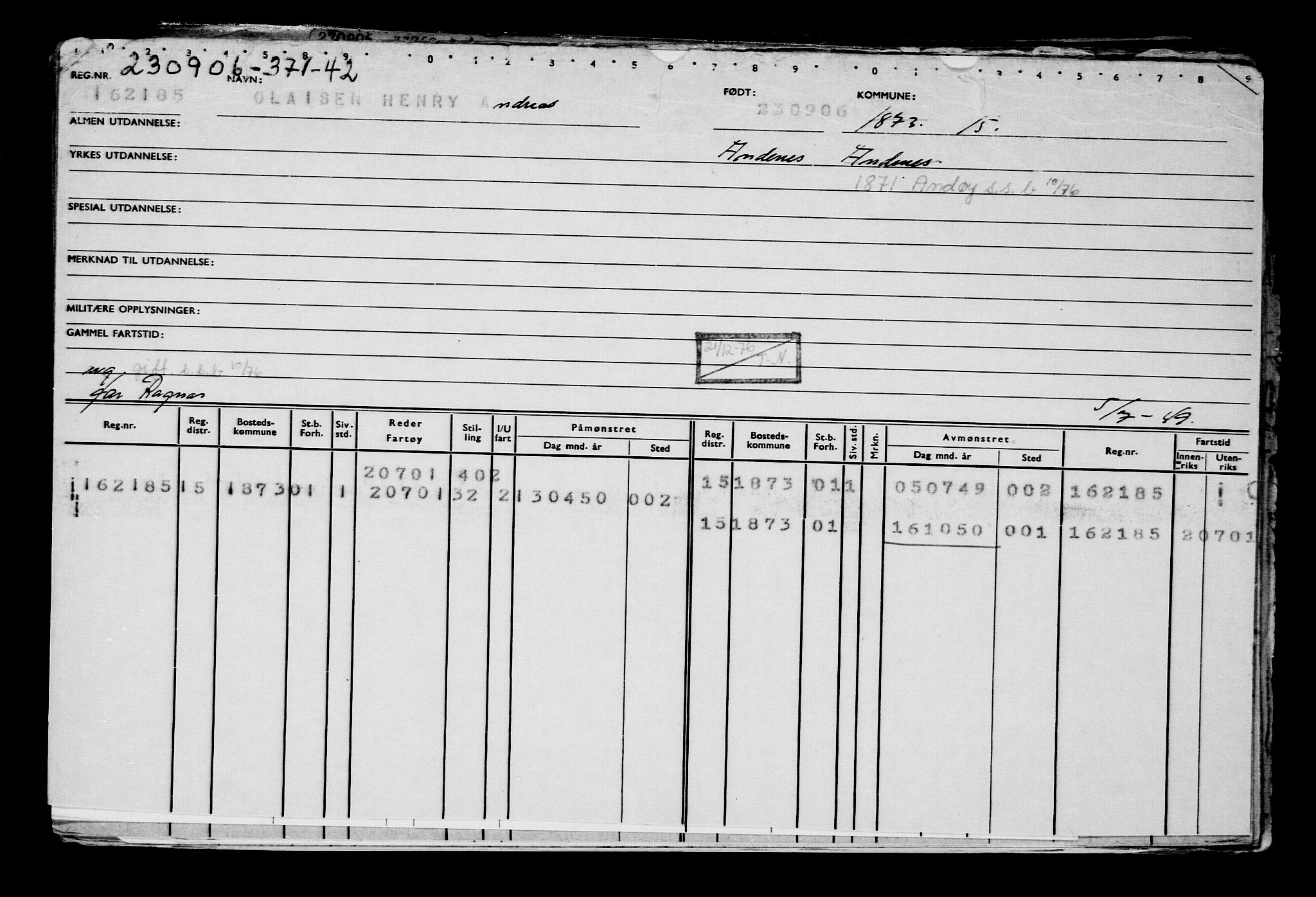 Direktoratet for sjømenn, AV/RA-S-3545/G/Gb/L0067: Hovedkort, 1906, p. 301