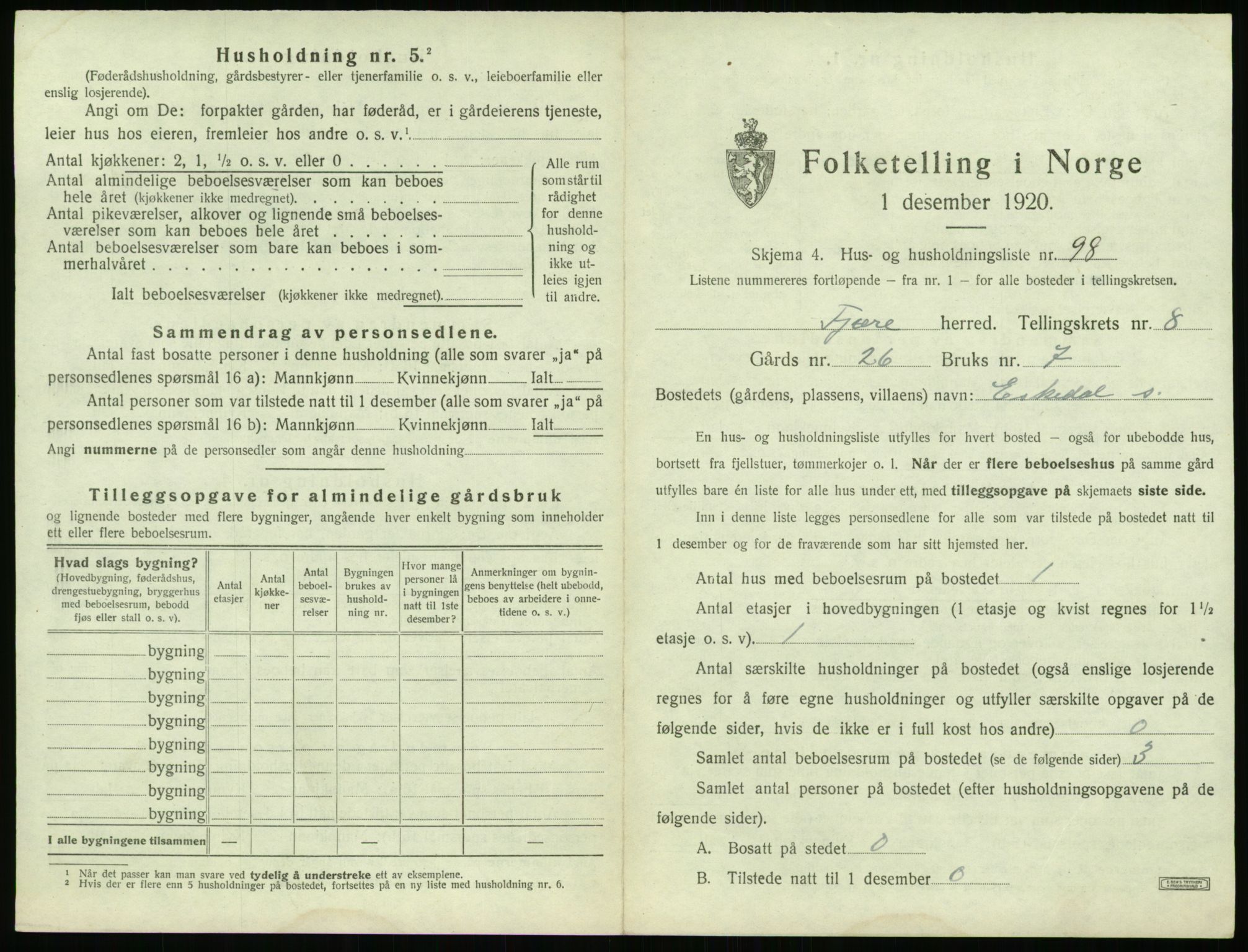 SAK, 1920 census for Fjære, 1920, p. 1835