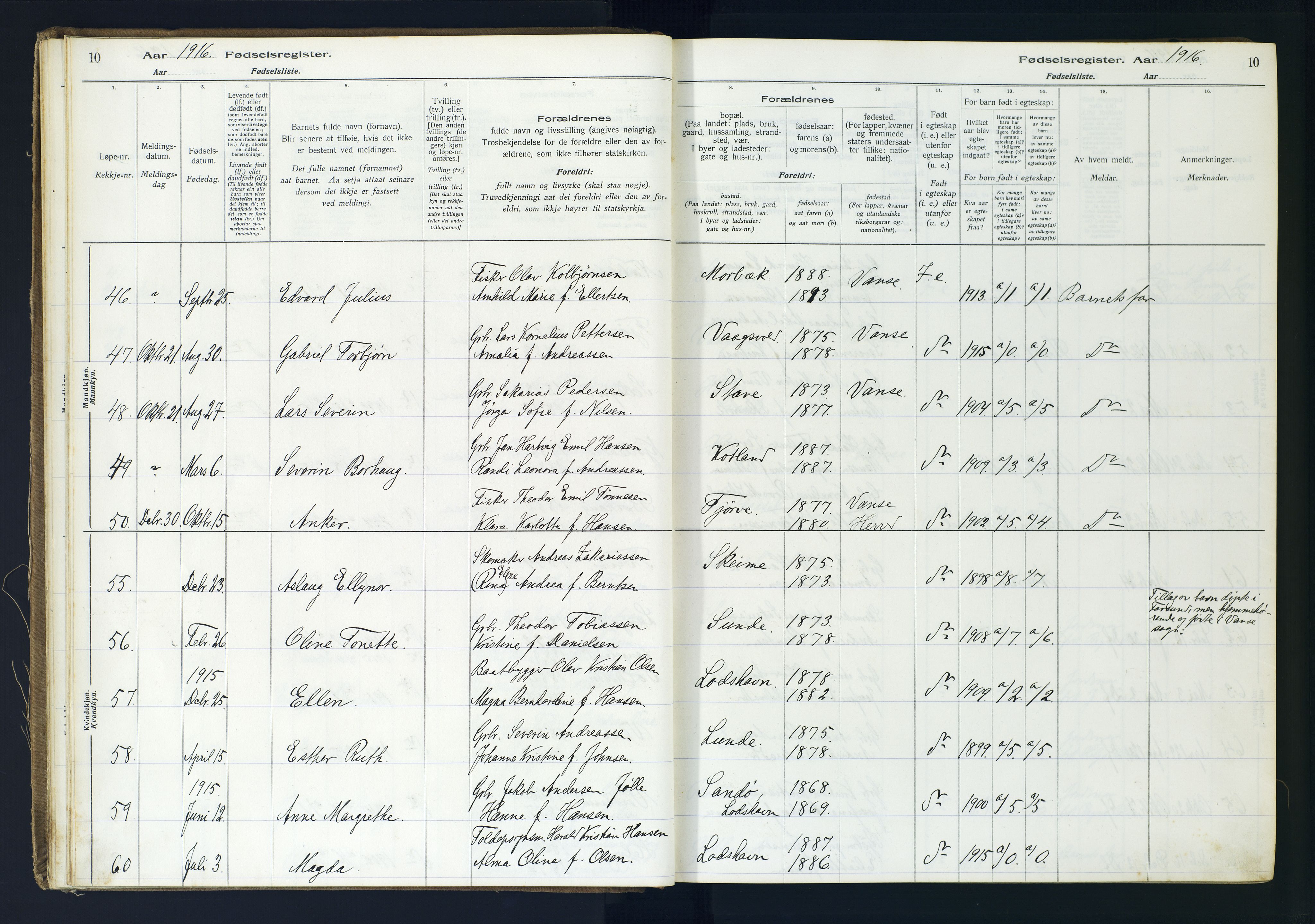 Lista sokneprestkontor, SAK/1111-0027/J/Ja/L0001: Birth register no. A-VI-30, 1916-1934, p. 10
