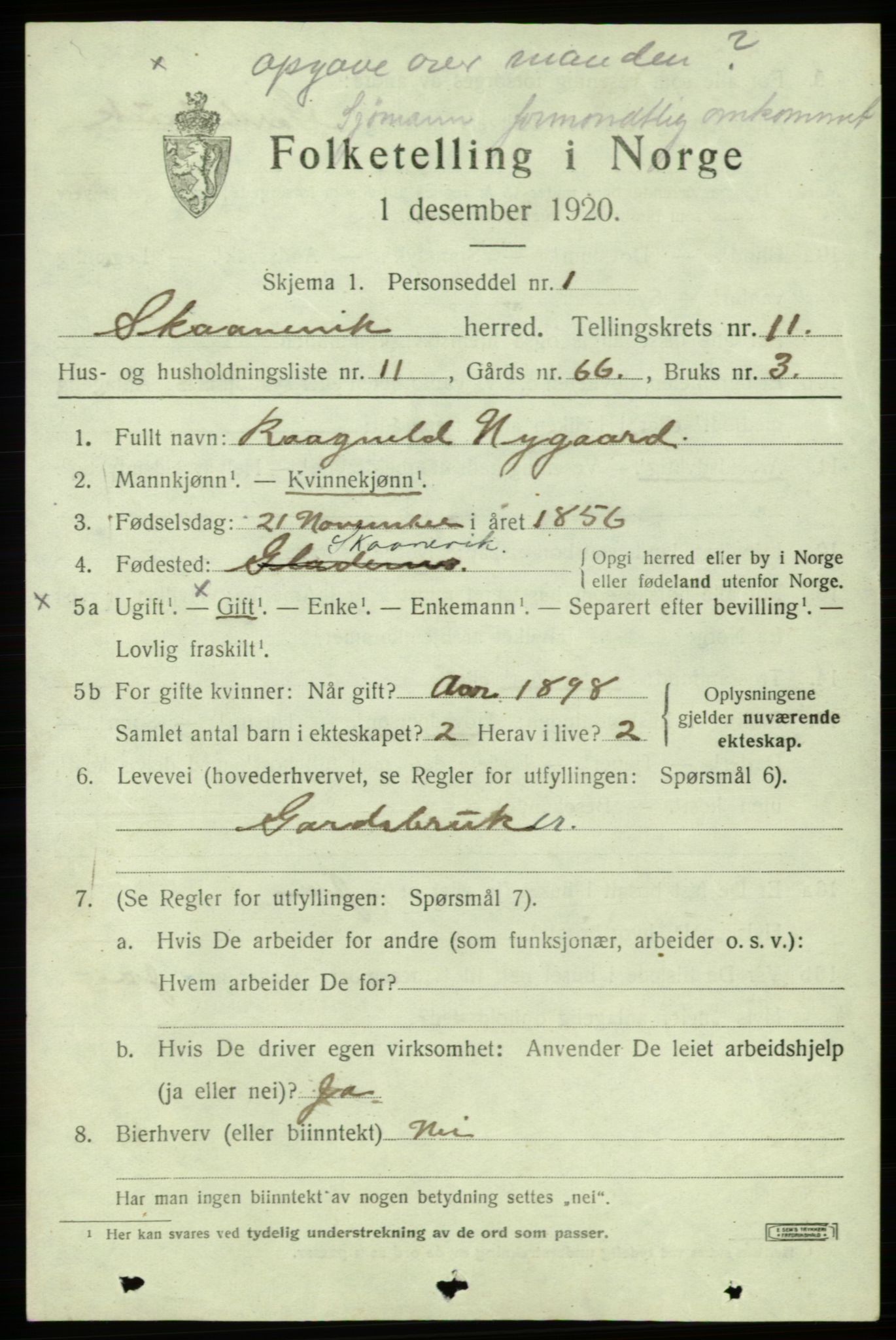 SAB, 1920 census for Skånevik, 1920, p. 5271