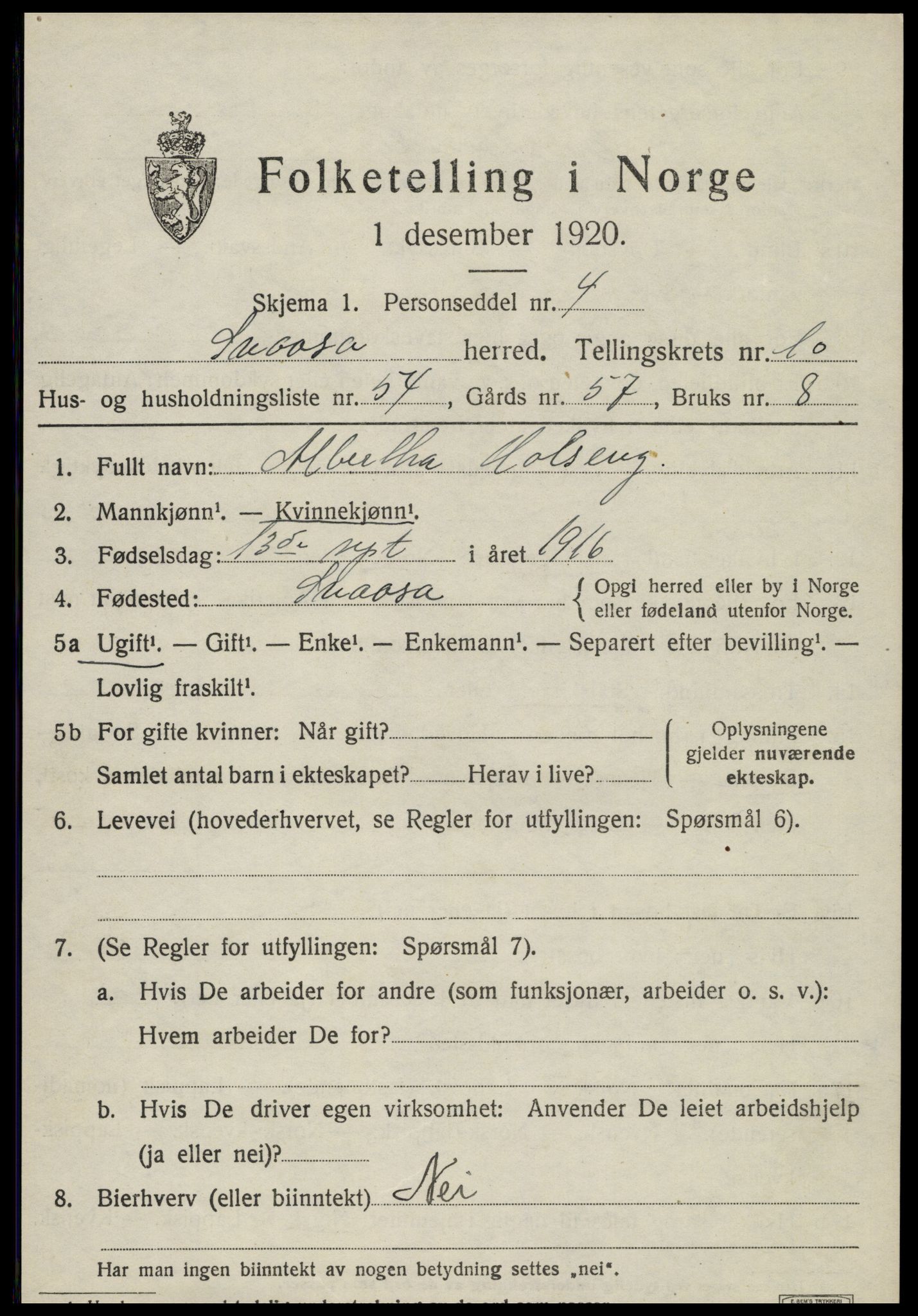 SAT, 1920 census for Snåsa, 1920, p. 4942