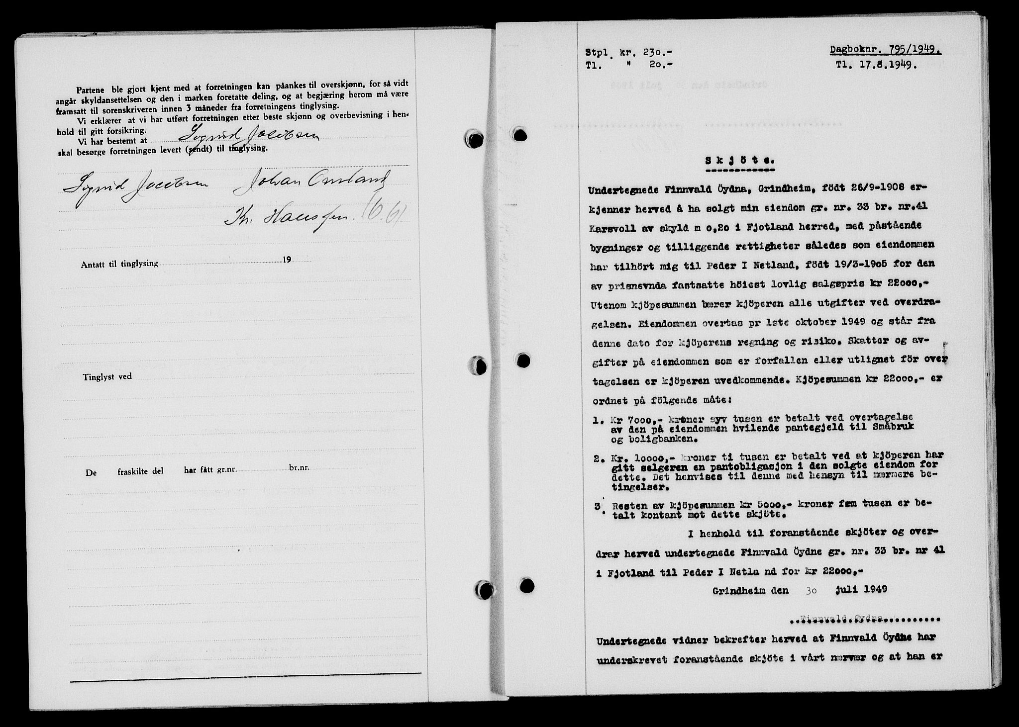 Flekkefjord sorenskriveri, SAK/1221-0001/G/Gb/Gba/L0065: Mortgage book no. A-13, 1949-1949, Diary no: : 795/1949