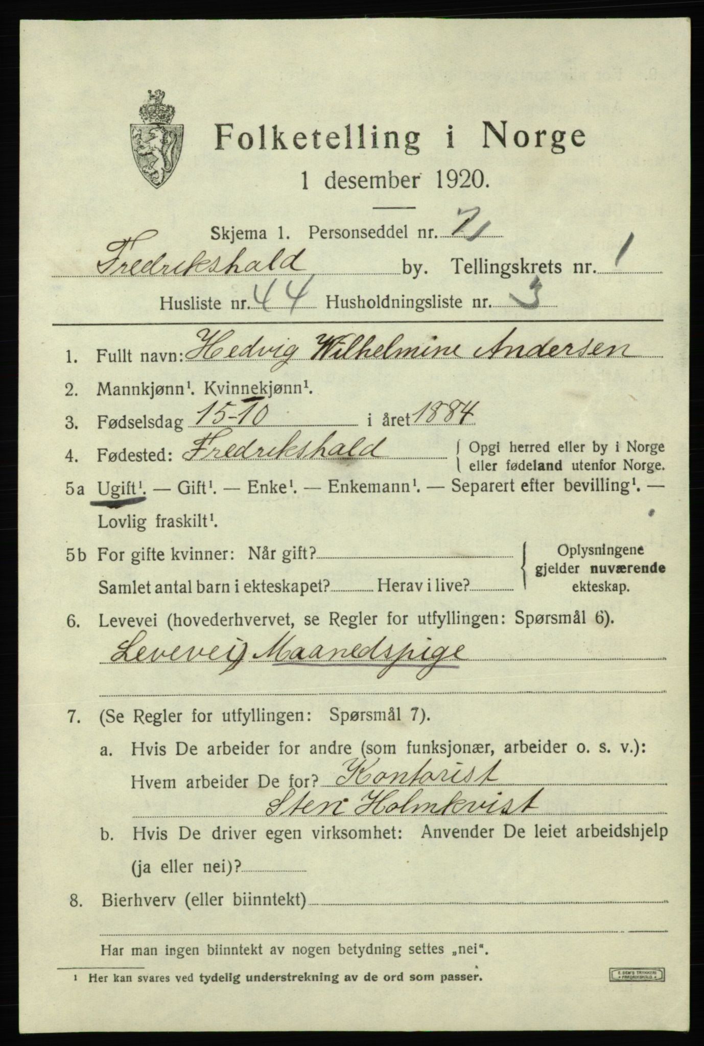 SAO, 1920 census for Fredrikshald, 1920, p. 8957