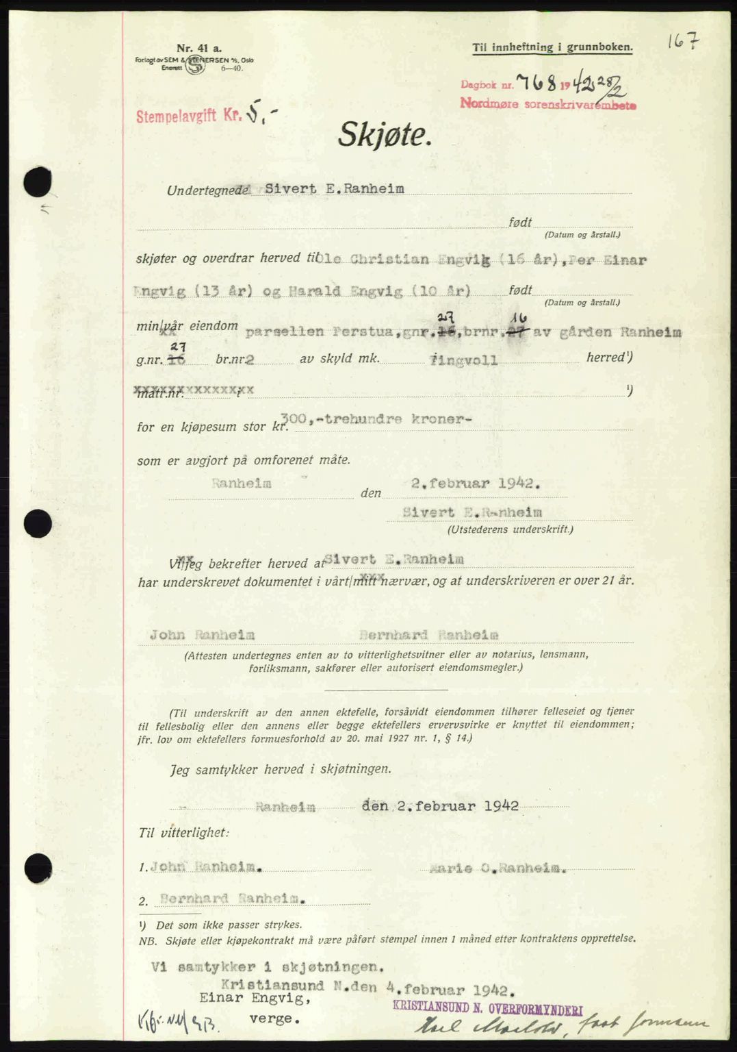 Nordmøre sorenskriveri, AV/SAT-A-4132/1/2/2Ca: Mortgage book no. A92, 1942-1942, Diary no: : 768/1942