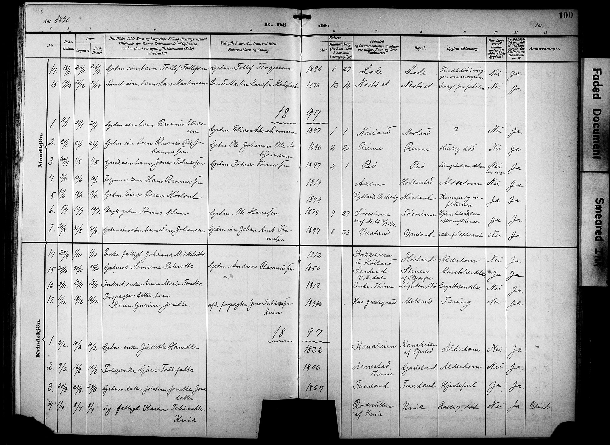 Hå sokneprestkontor, AV/SAST-A-101801/001/30BB/L0005: Parish register (copy) no. B 5, 1894-1912, p. 190