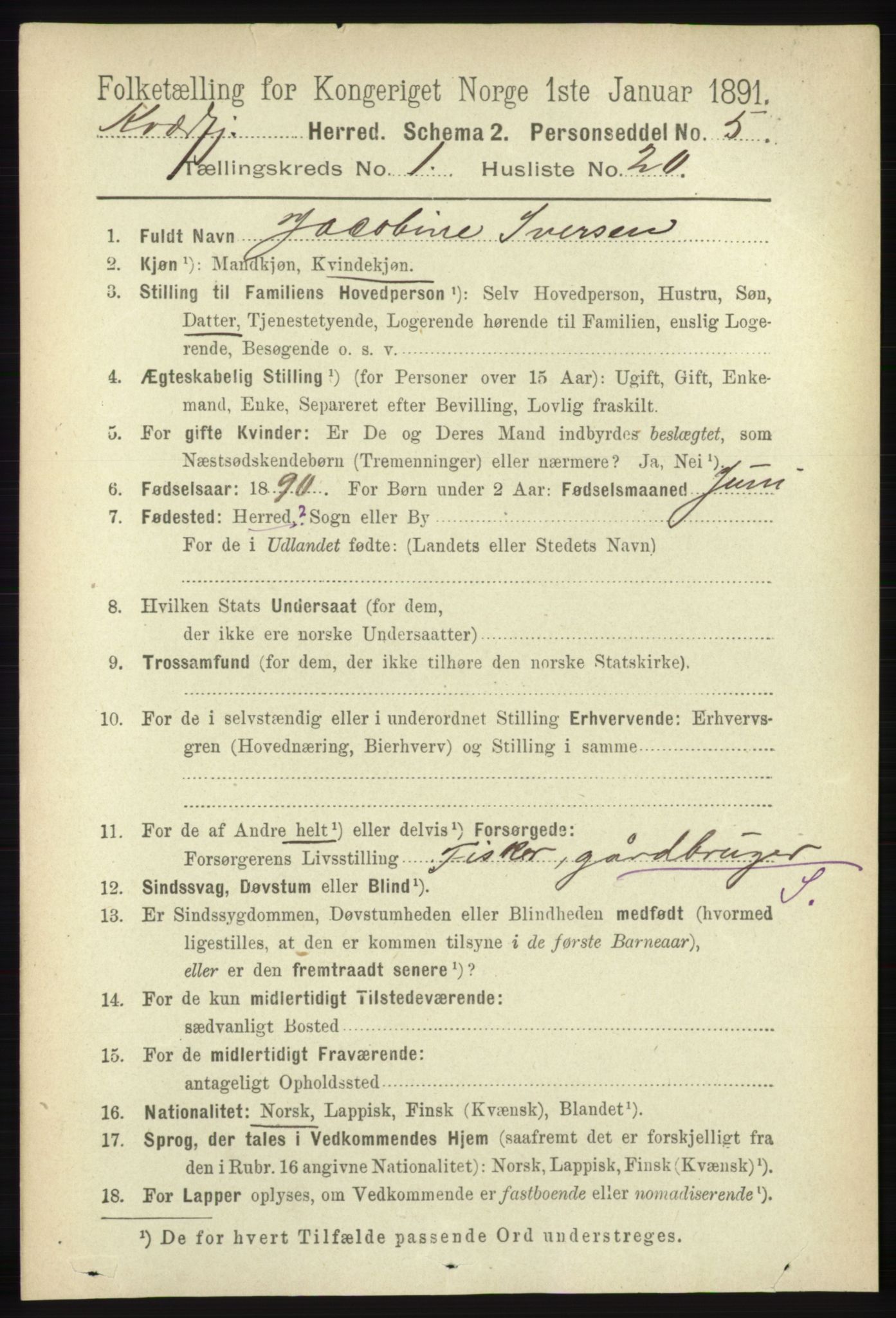 RA, 1891 census for 1911 Kvæfjord, 1891, p. 227