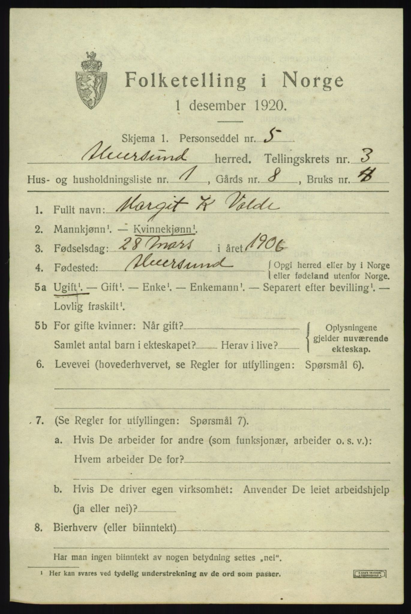 SAB, 1920 census for Alversund, 1920, p. 2024