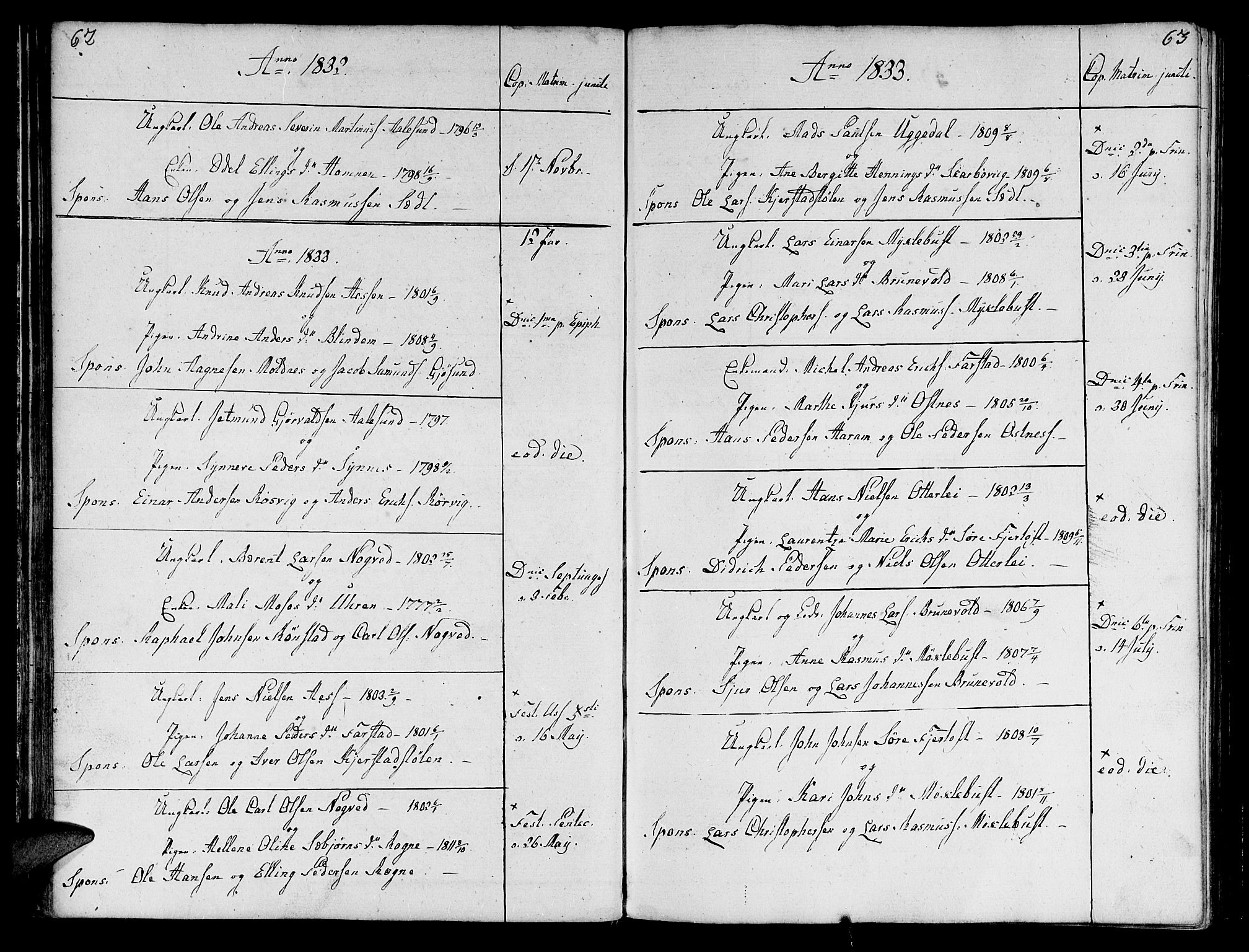 Ministerialprotokoller, klokkerbøker og fødselsregistre - Møre og Romsdal, SAT/A-1454/536/L0494: Parish register (official) no. 536A03, 1803-1836, p. 62-63