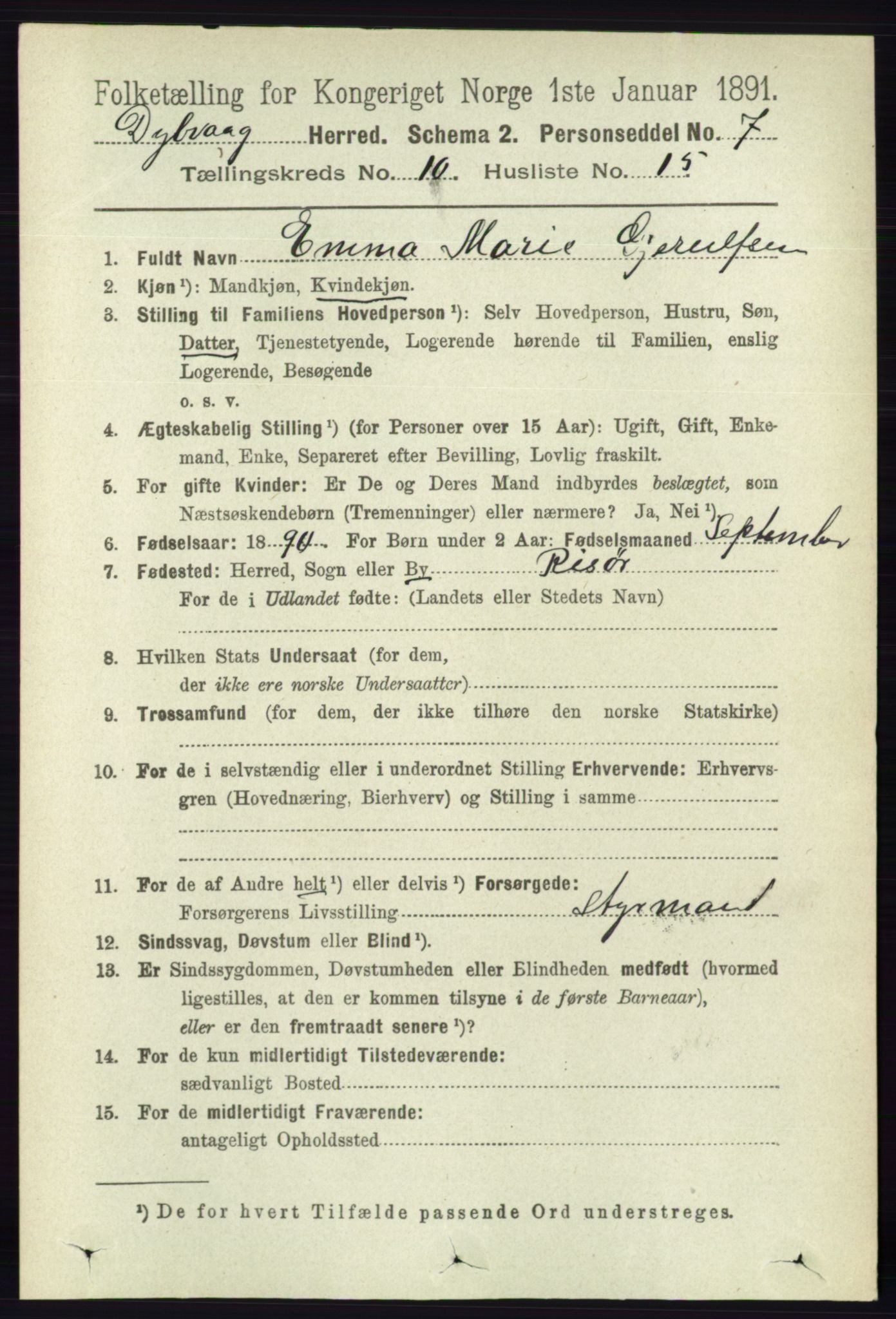 RA, 1891 census for 0915 Dypvåg, 1891, p. 3796