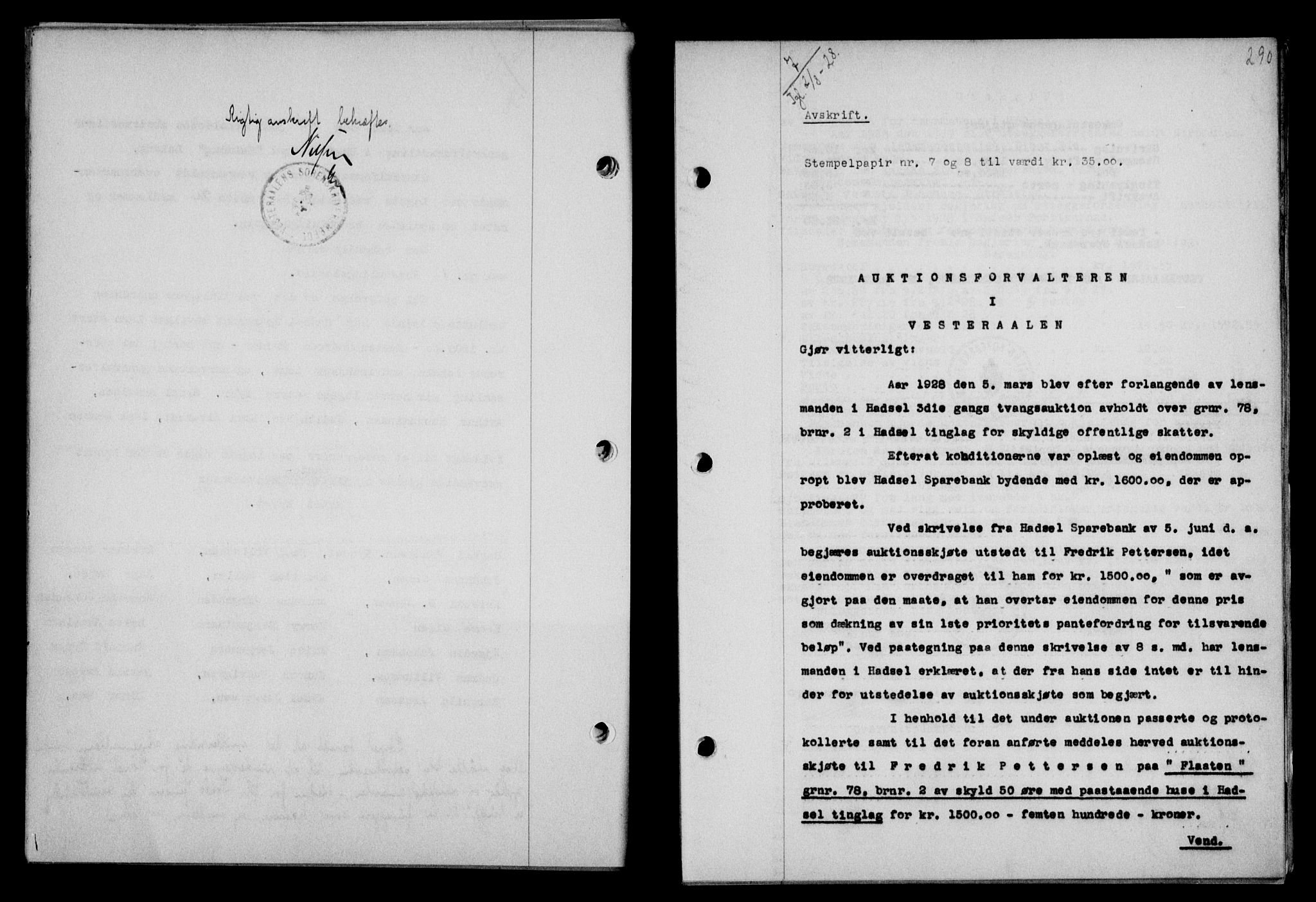 Vesterålen sorenskriveri, SAT/A-4180/1/2/2Ca/L0046: Mortgage book no. 39, 1928-1928, Deed date: 02.08.1928