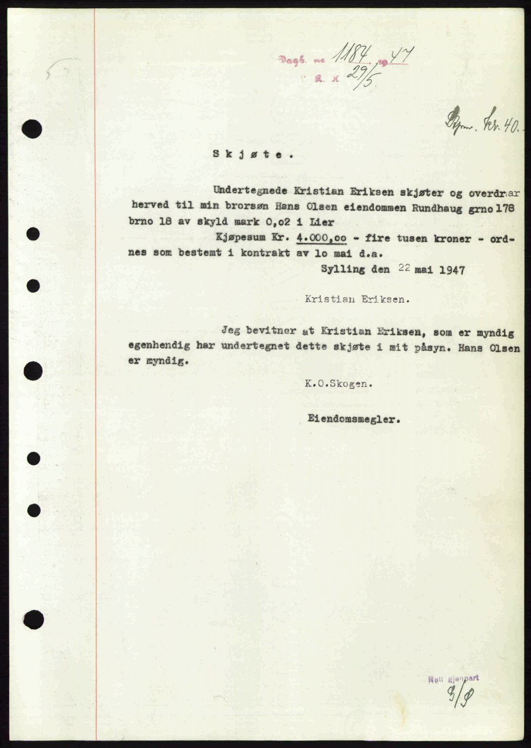 Lier, Røyken og Hurum sorenskriveri, AV/SAKO-A-89/G/Ga/Gab/L0089: Mortgage book no. 89, 1947-1947, Diary no: : 1184/1947