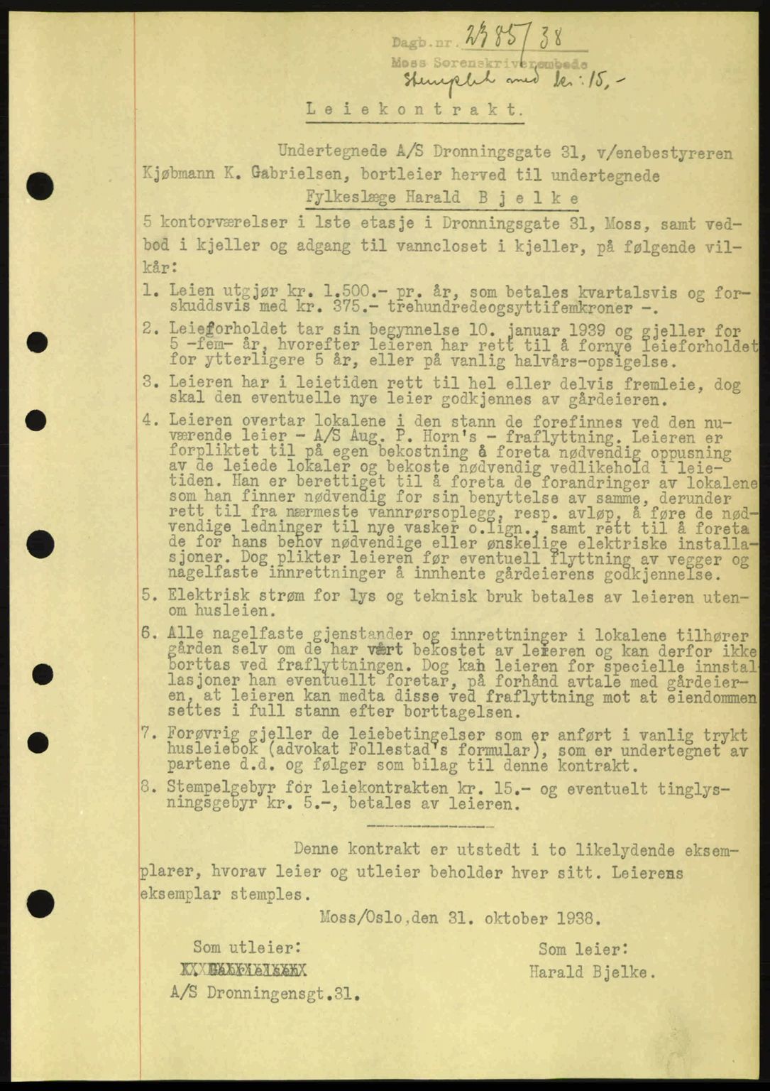 Moss sorenskriveri, SAO/A-10168: Mortgage book no. A5, 1938-1939, Diary no: : 2385/1938