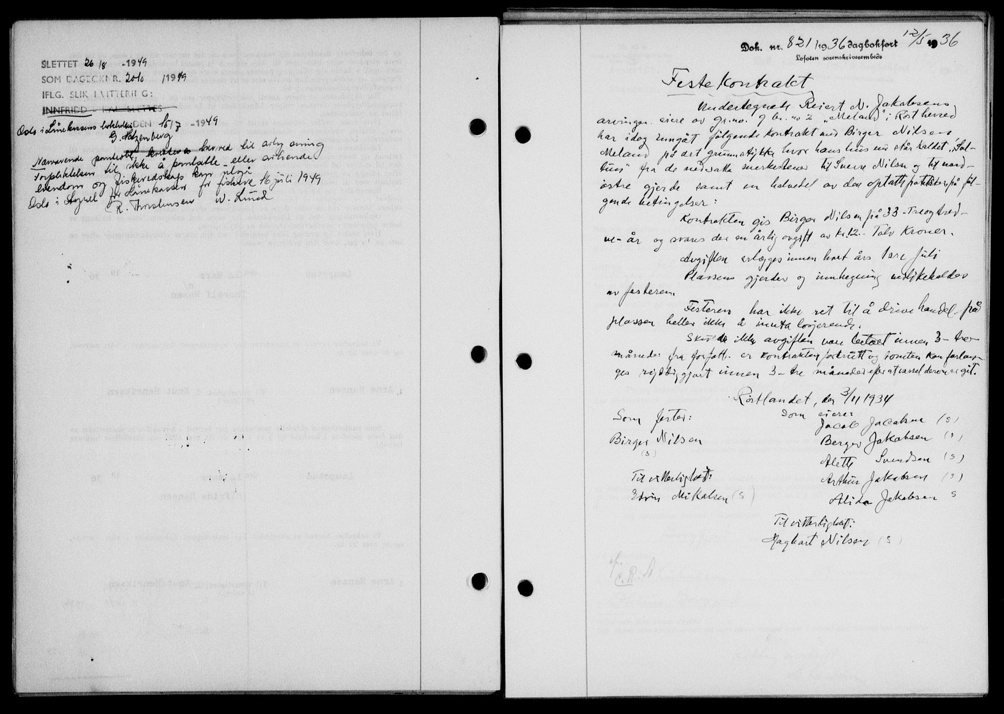 Lofoten sorenskriveri, AV/SAT-A-0017/1/2/2C/L0033b: Mortgage book no. 33b, 1936-1936, Diary no: : 821/1936