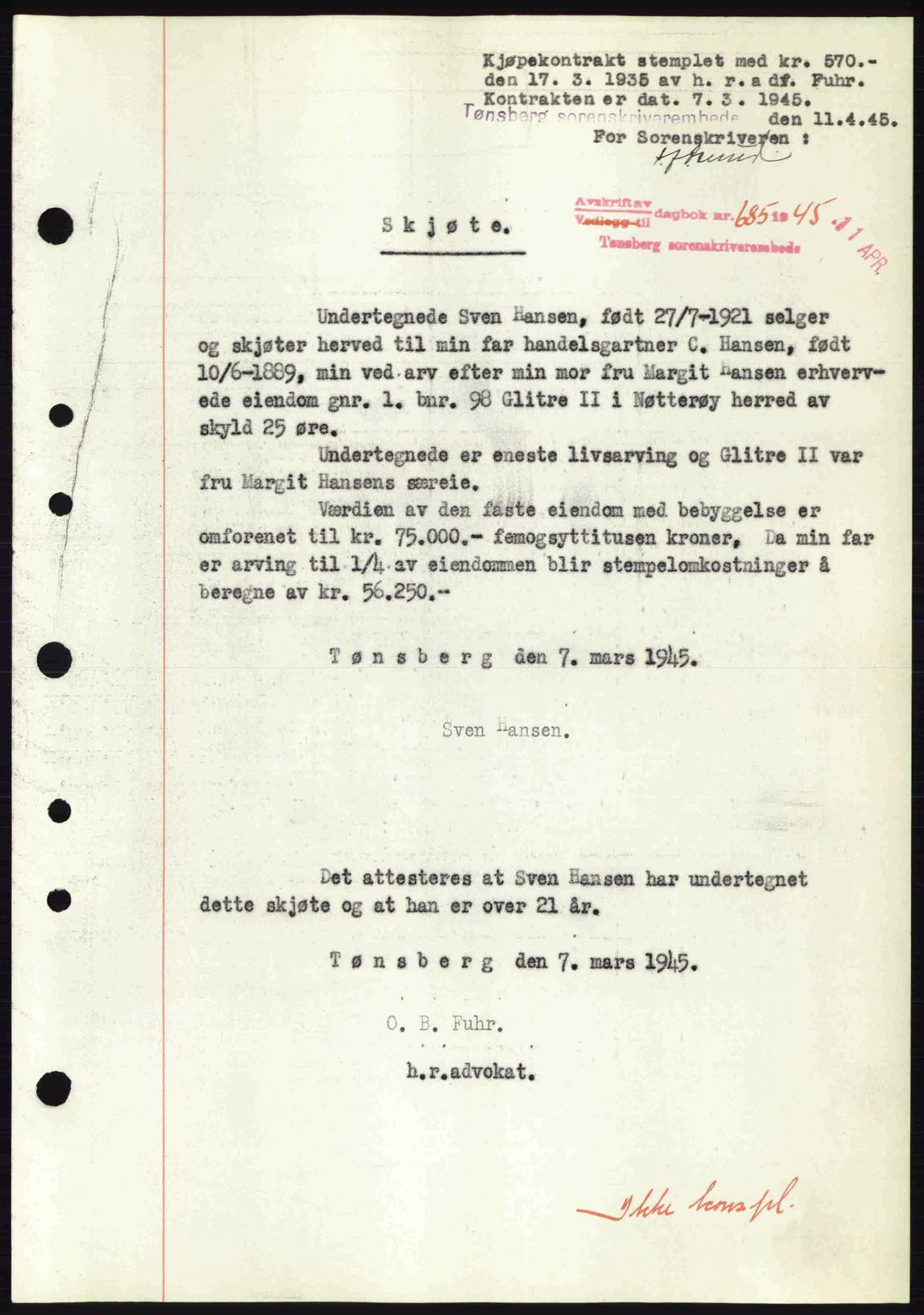 Tønsberg sorenskriveri, AV/SAKO-A-130/G/Ga/Gaa/L0017a: Mortgage book no. A17a, 1945-1945, Diary no: : 685/1945