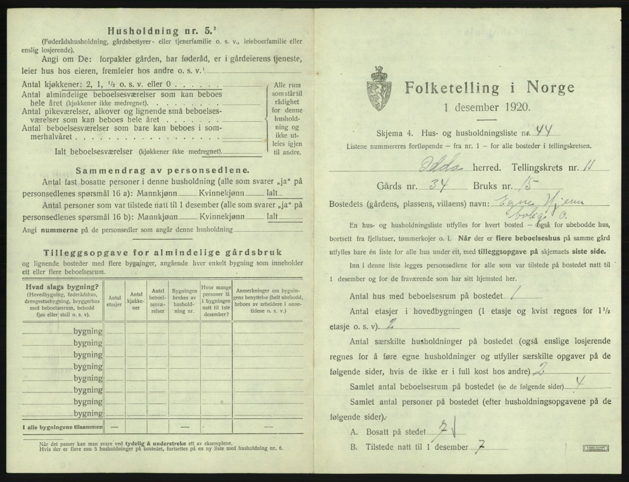 SAB, 1920 census for Odda, 1920, p. 1099