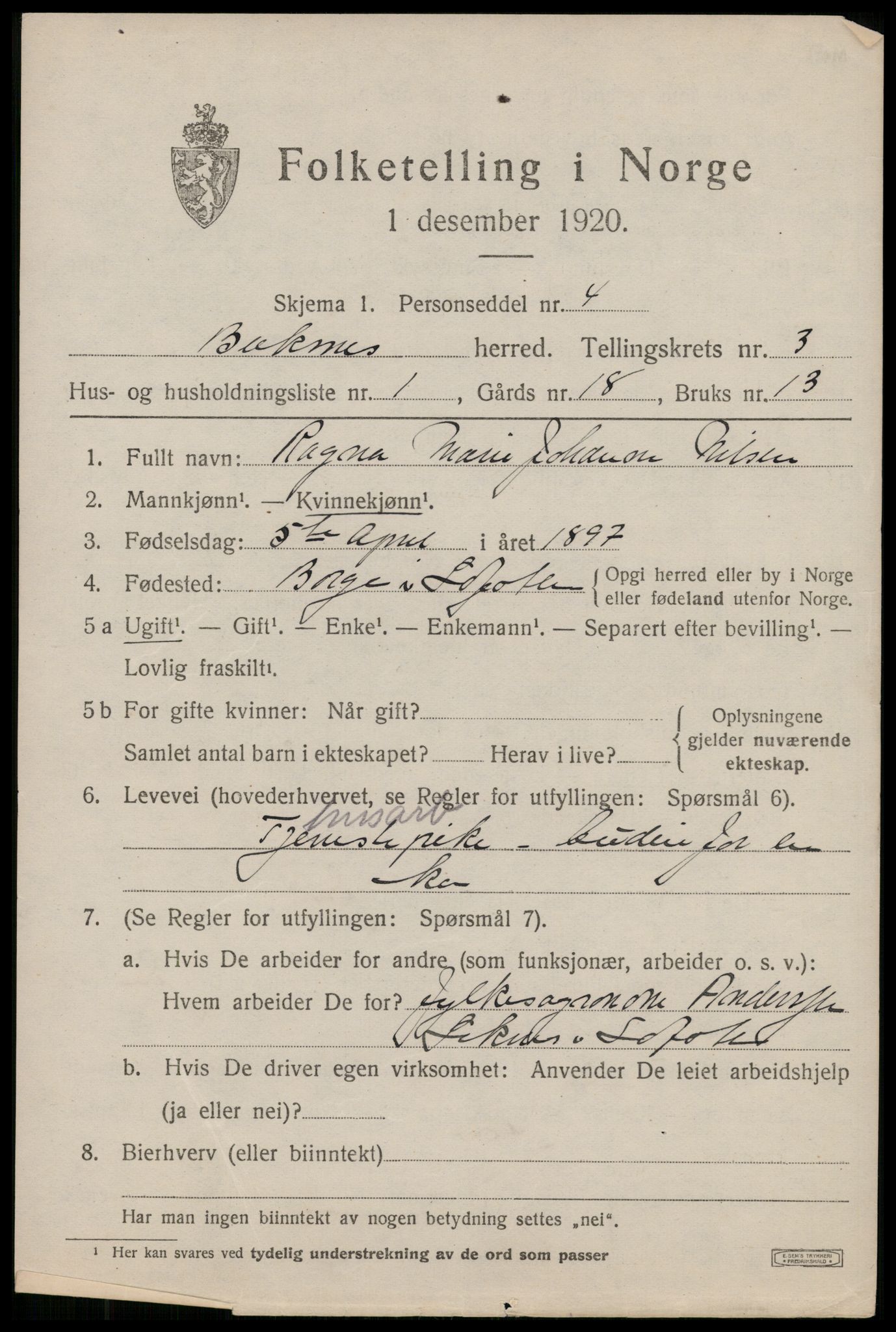 SAT, 1920 census for Buksnes, 1920, p. 3397