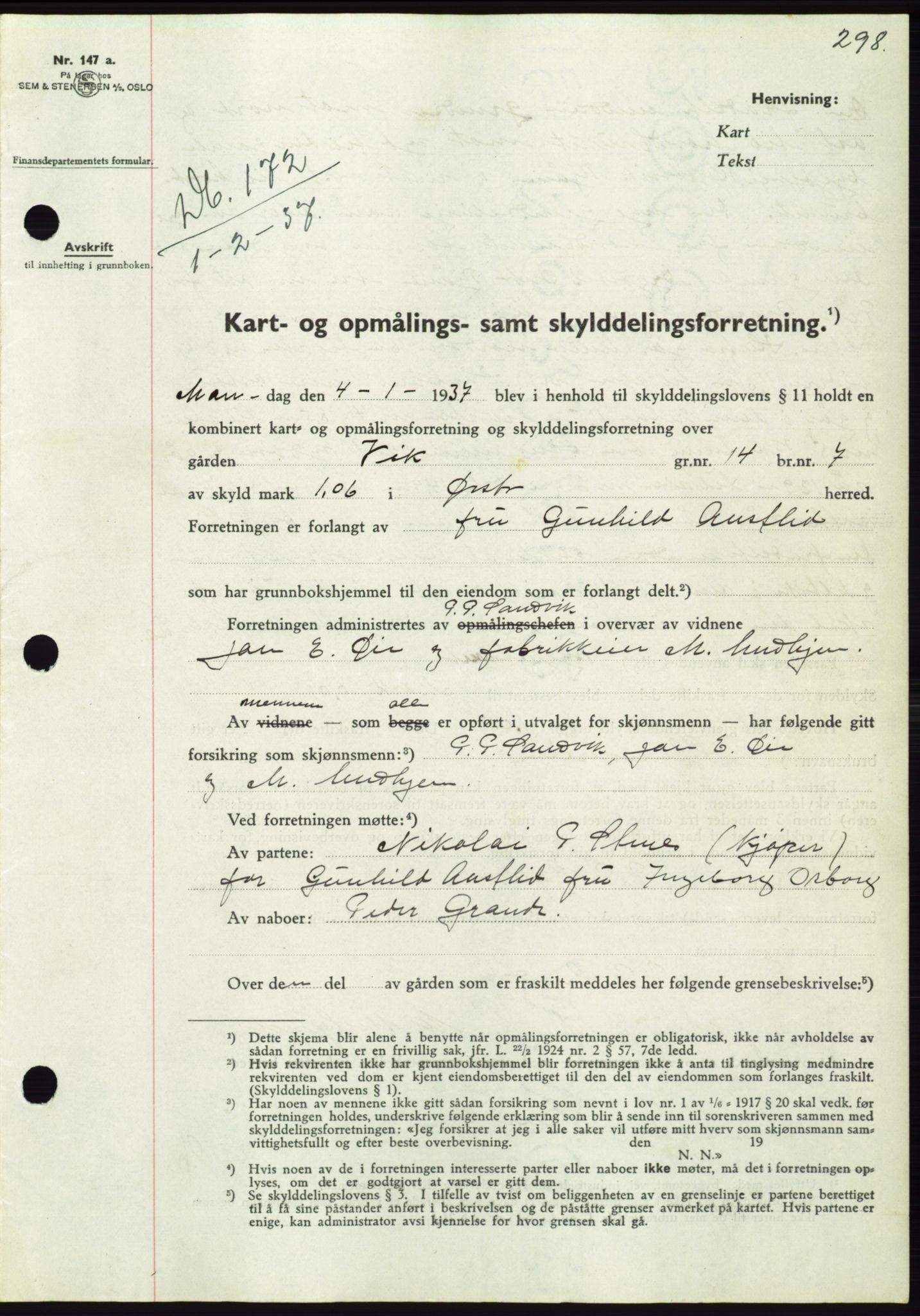 Søre Sunnmøre sorenskriveri, AV/SAT-A-4122/1/2/2C/L0062: Mortgage book no. 56, 1936-1937, Diary no: : 172/1937