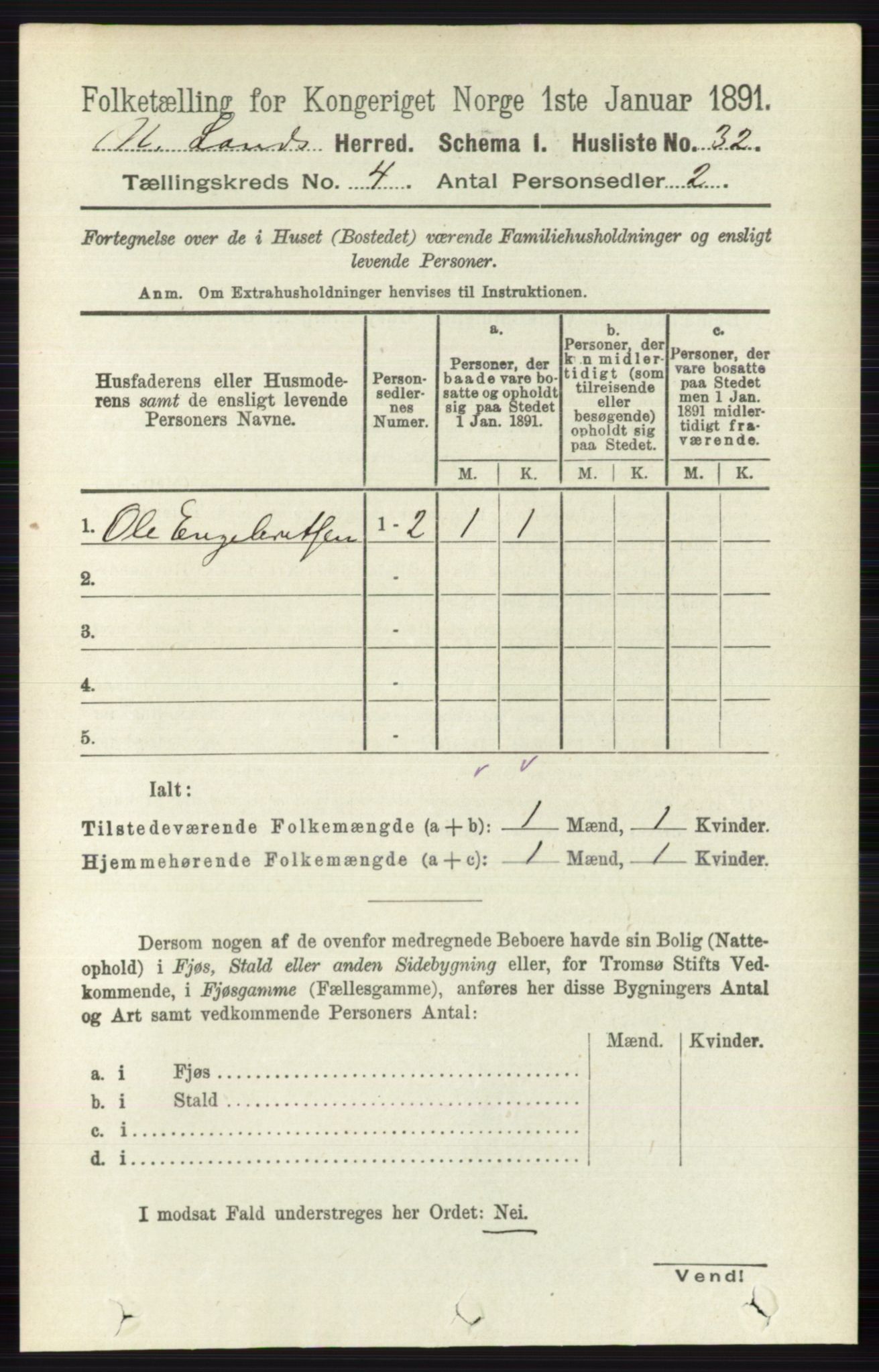 RA, 1891 census for 0538 Nordre Land, 1891, p. 1337