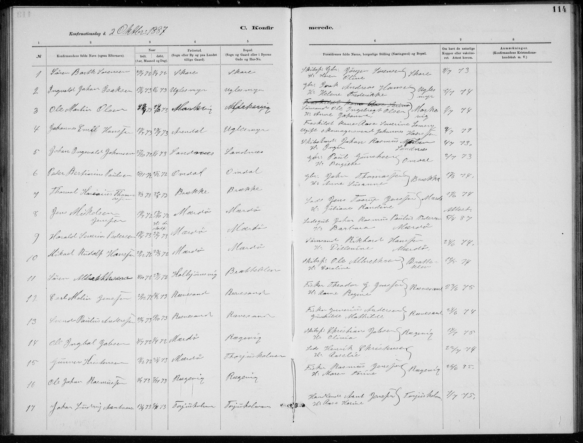 Tromøy sokneprestkontor, SAK/1111-0041/F/Fb/L0005: Parish register (copy) no. B 5, 1877-1891, p. 114