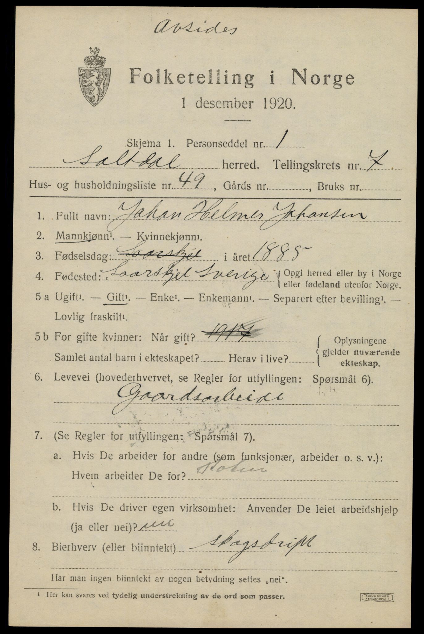 SAT, 1920 census for Saltdal, 1920, p. 8509