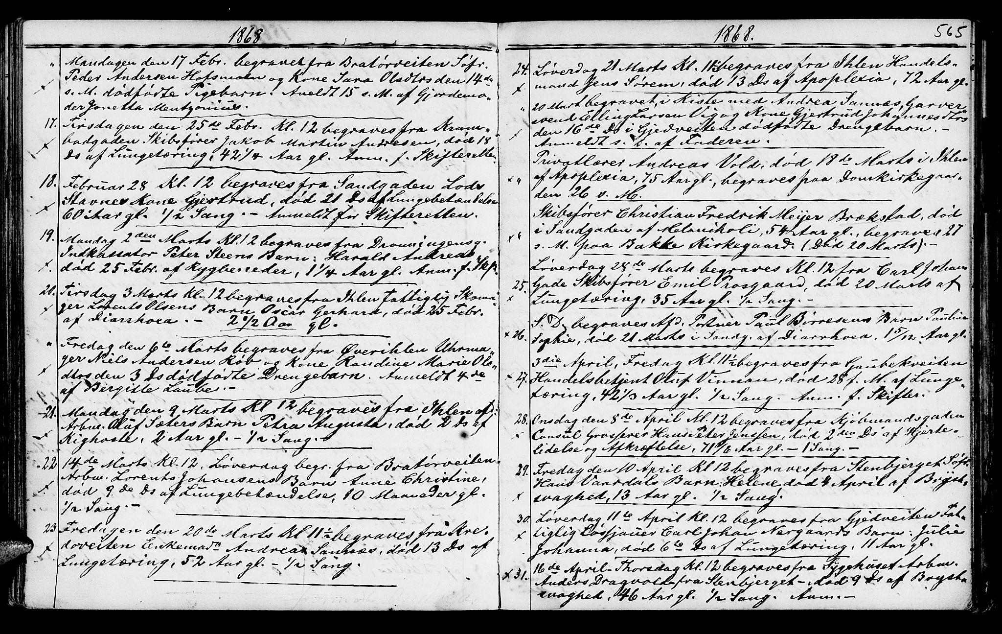 Ministerialprotokoller, klokkerbøker og fødselsregistre - Sør-Trøndelag, SAT/A-1456/602/L0140: Parish register (copy) no. 602C08, 1864-1872, p. 564-565