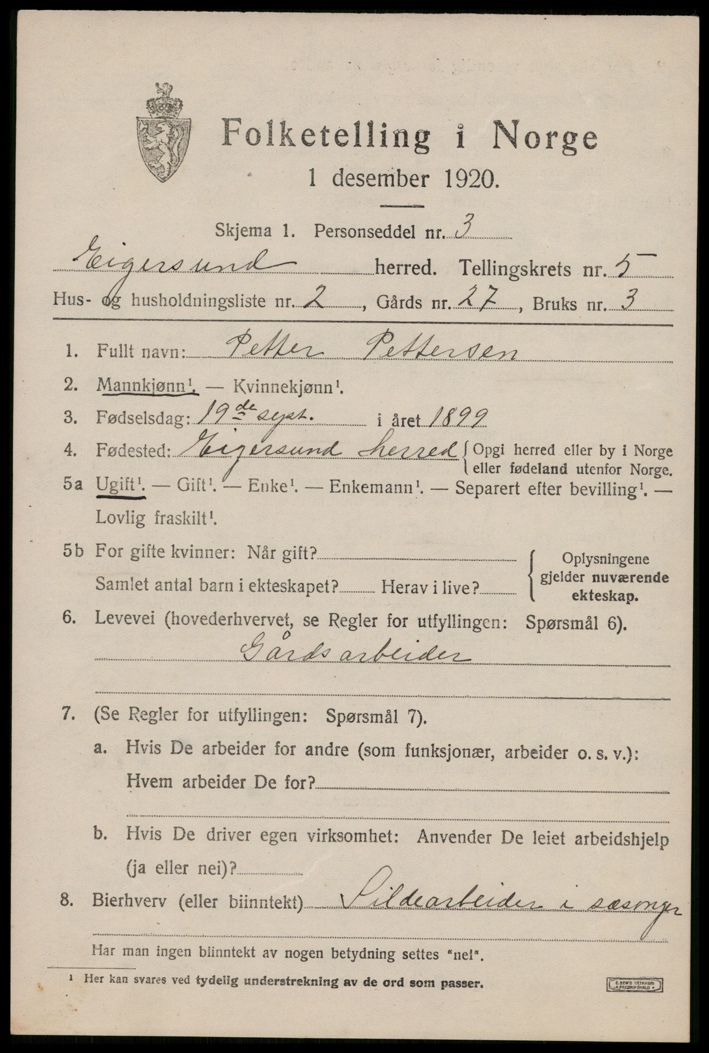 SAST, 1920 census for Eigersund, 1920, p. 3611