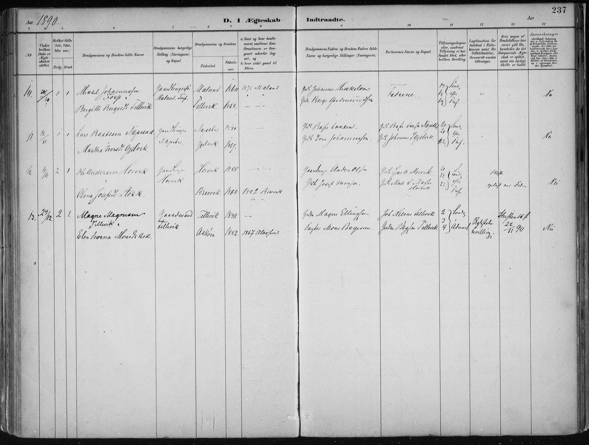 Hamre sokneprestembete, AV/SAB-A-75501/H/Ha/Haa/Haab/L0001: Parish register (official) no. B  1, 1882-1905, p. 237