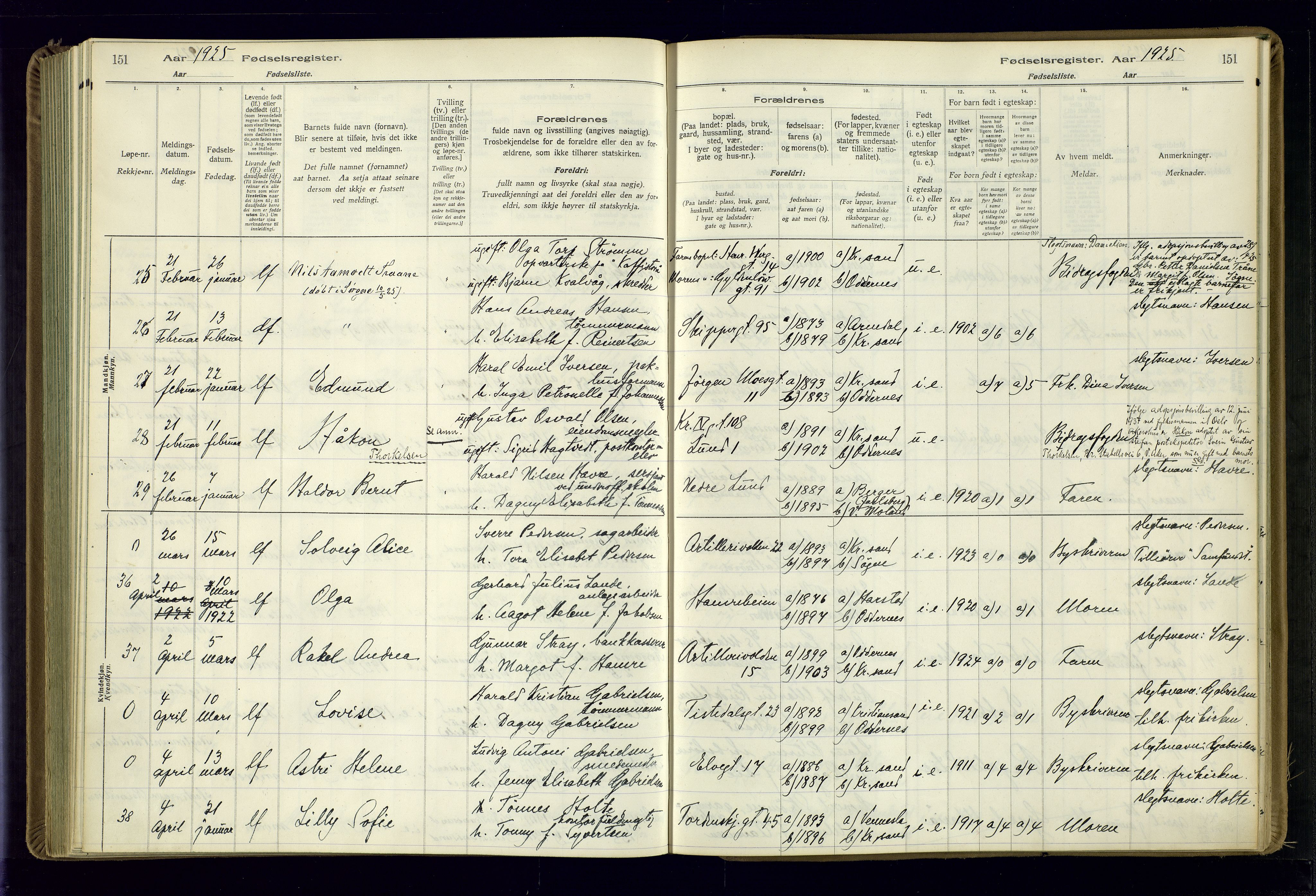 Kristiansand domprosti, AV/SAK-1112-0006/J/Jc/L0002: Birth register no. A-VI-46, 1921-1926, p. 151