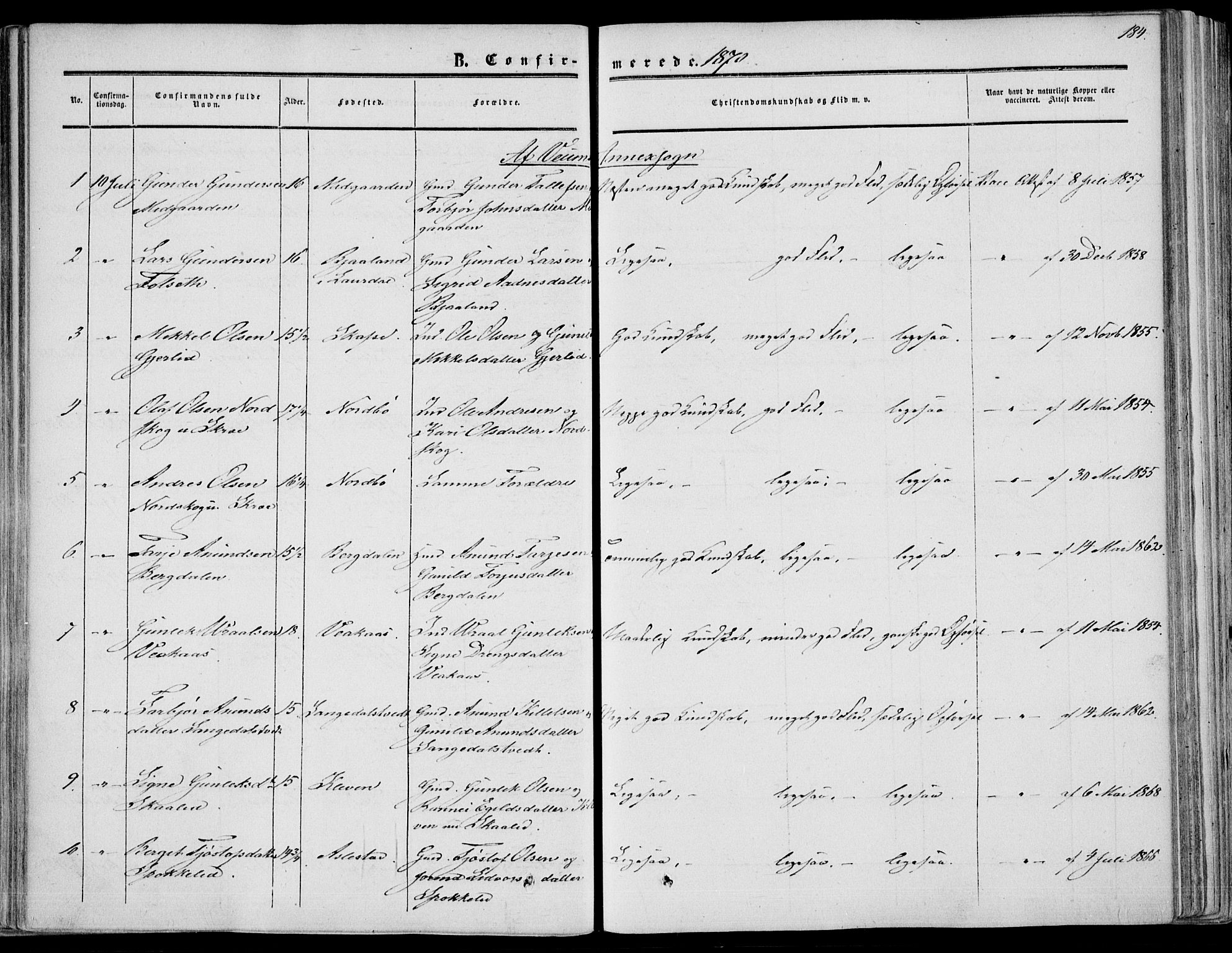 Fyresdal kirkebøker, AV/SAKO-A-263/F/Fa/L0005: Parish register (official) no. I 5, 1855-1871, p. 184