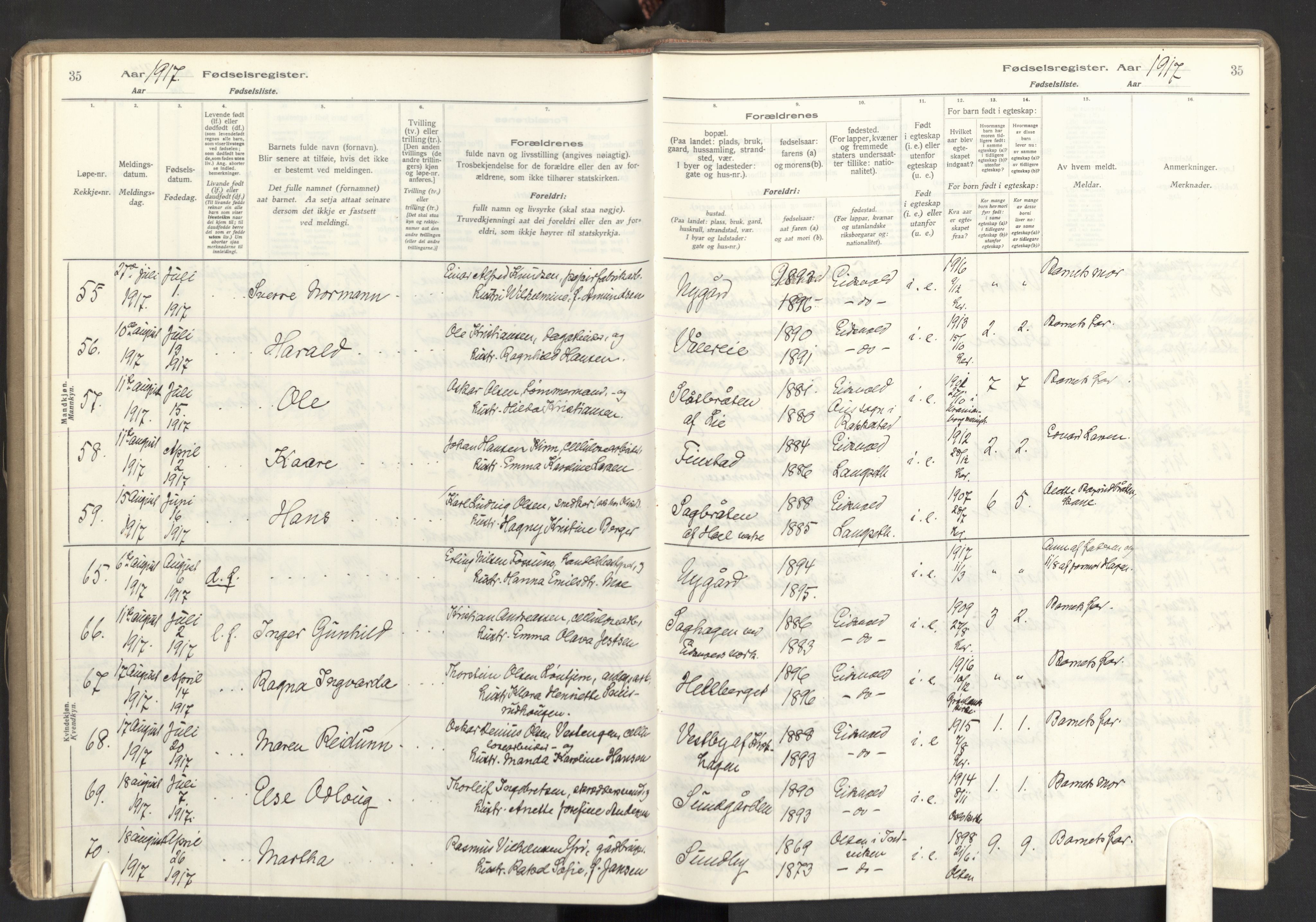 Eidsvoll prestekontor Kirkebøker, AV/SAO-A-10888/J/Ja/L0001: Birth register no. I 1, 1916-1924, p. 35