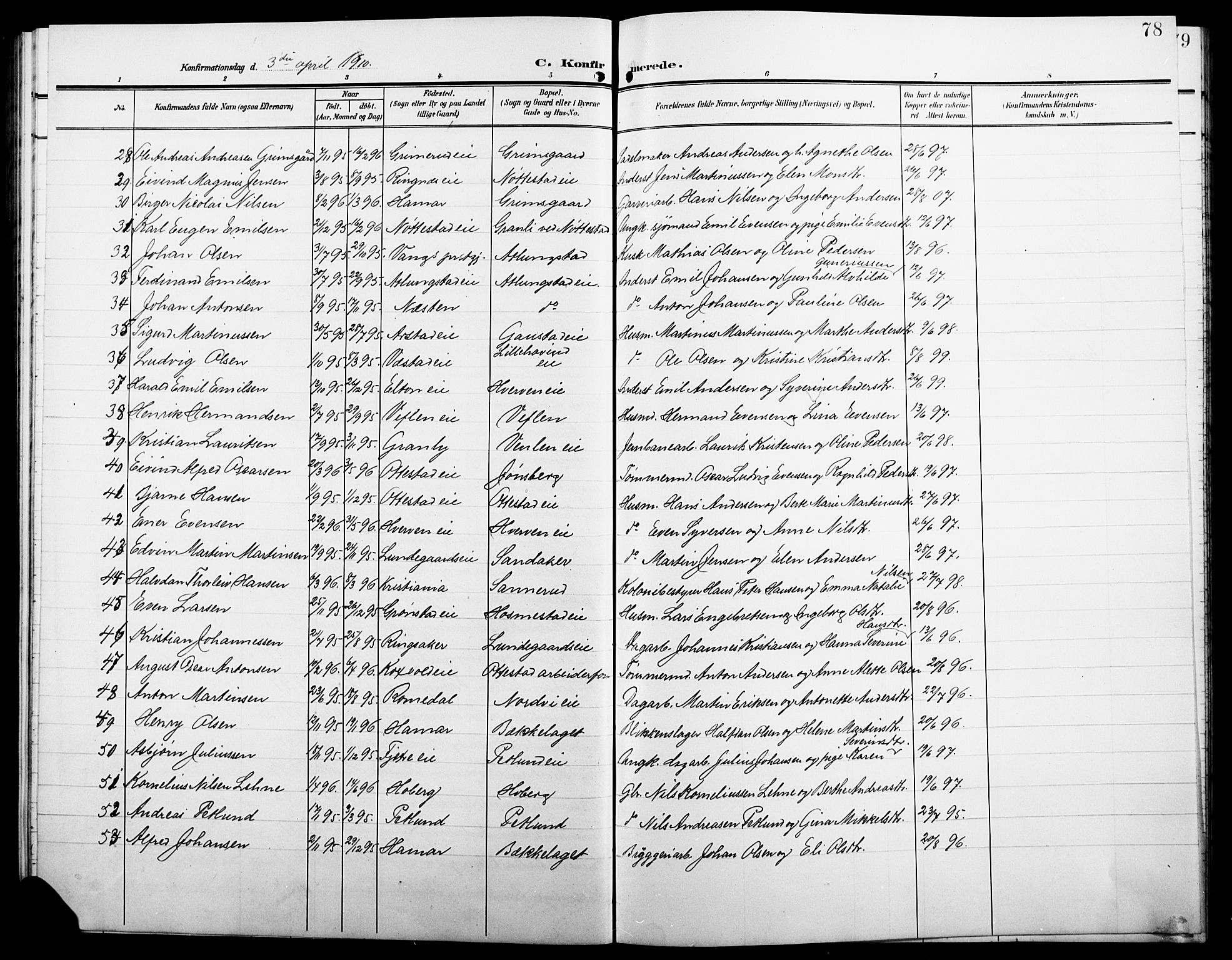 Stange prestekontor, AV/SAH-PREST-002/L/L0013: Parish register (copy) no. 13, 1906-1915, p. 78