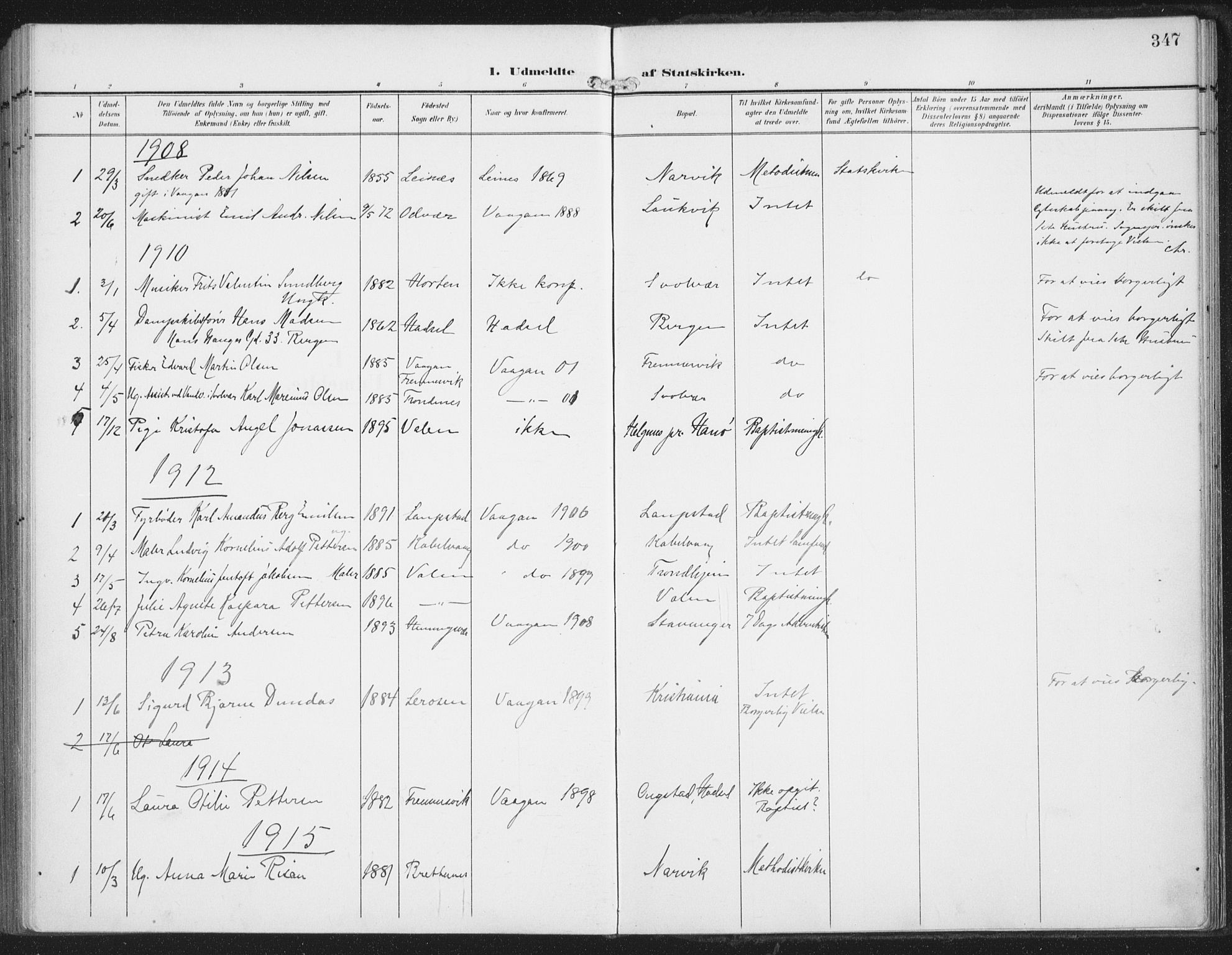 Ministerialprotokoller, klokkerbøker og fødselsregistre - Nordland, AV/SAT-A-1459/874/L1063: Parish register (official) no. 874A07, 1907-1915, p. 347