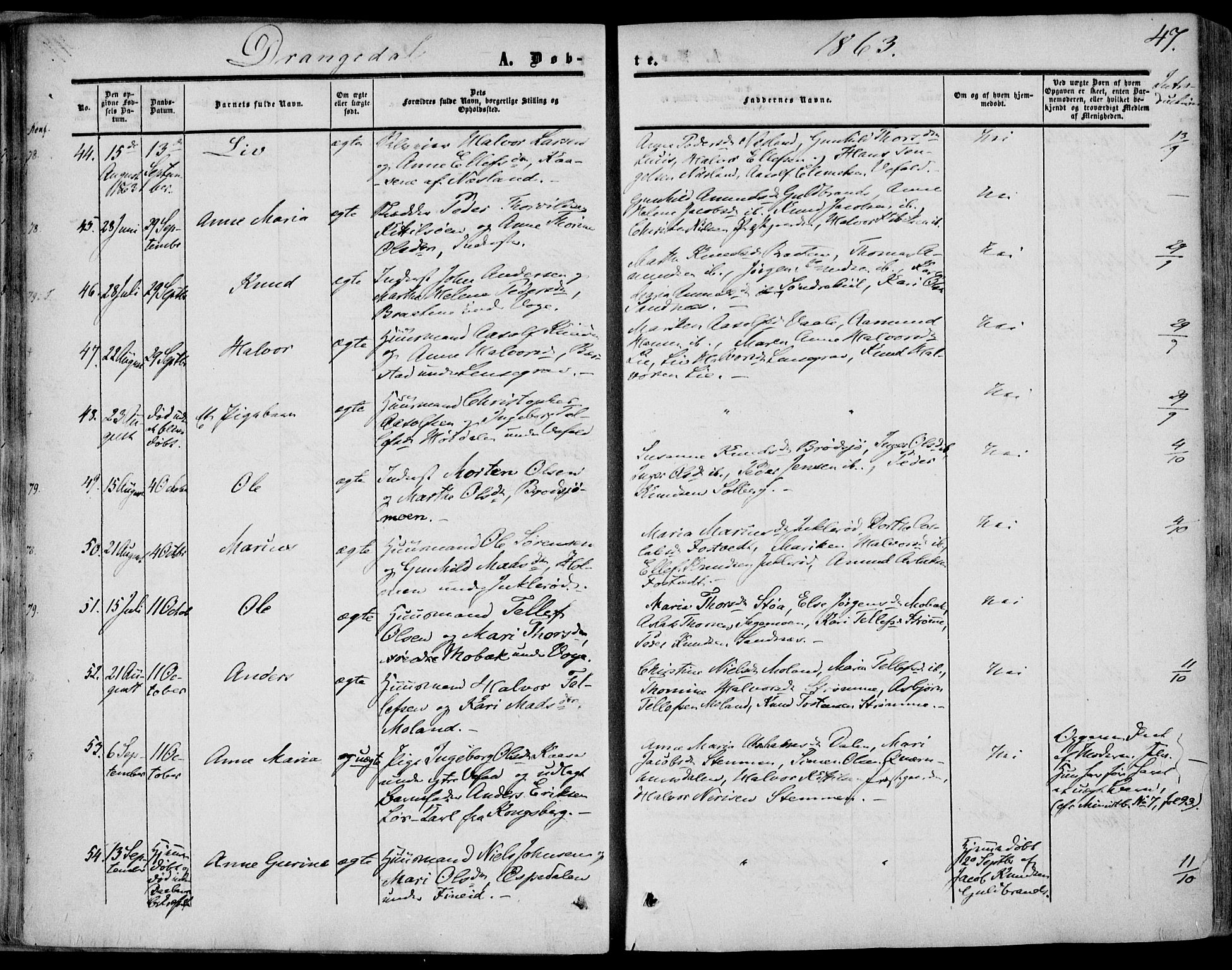 Drangedal kirkebøker, SAKO/A-258/F/Fa/L0008: Parish register (official) no. 8, 1857-1871, p. 47