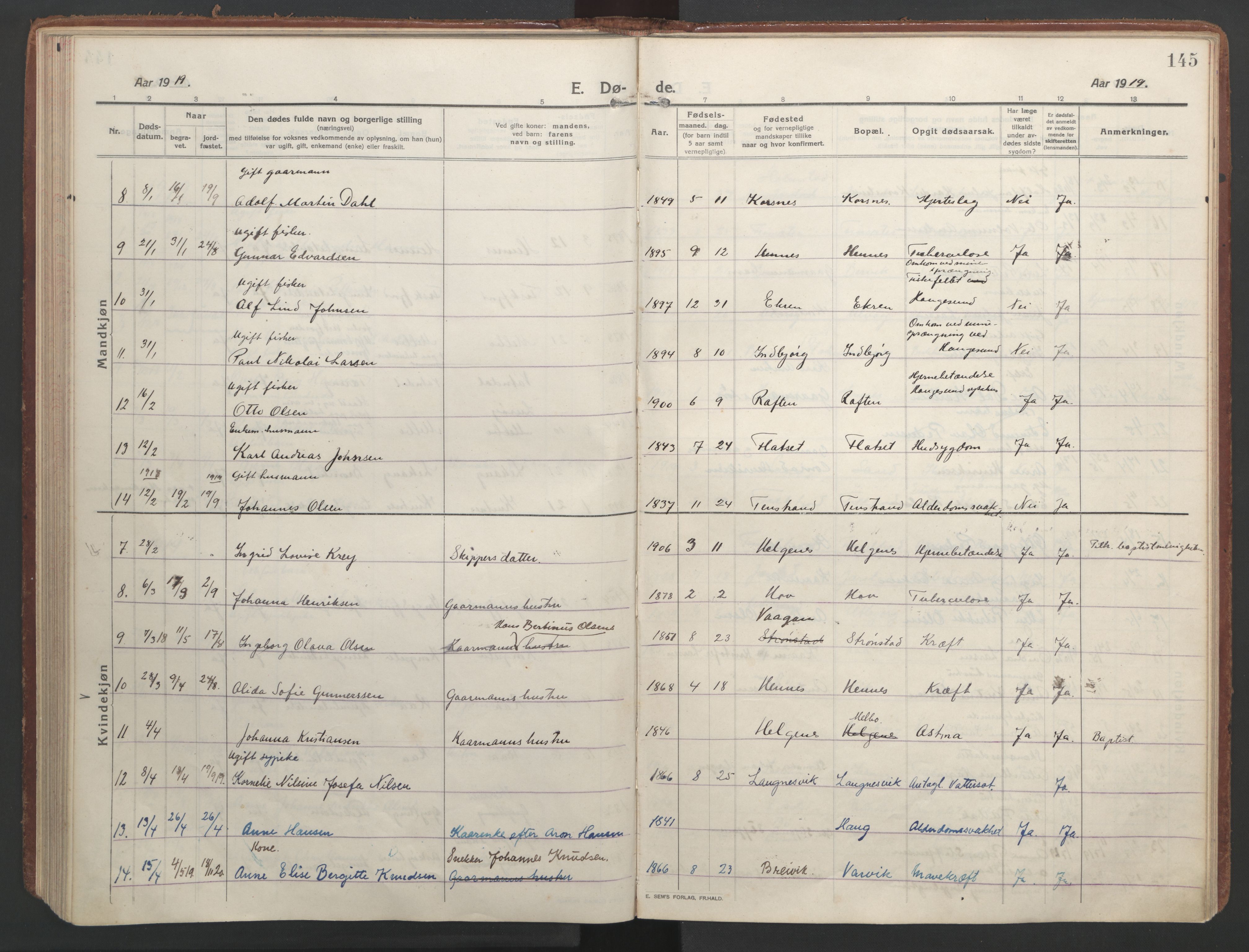 Ministerialprotokoller, klokkerbøker og fødselsregistre - Nordland, AV/SAT-A-1459/888/L1251: Parish register (official) no. 888A17, 1913-1925, p. 145