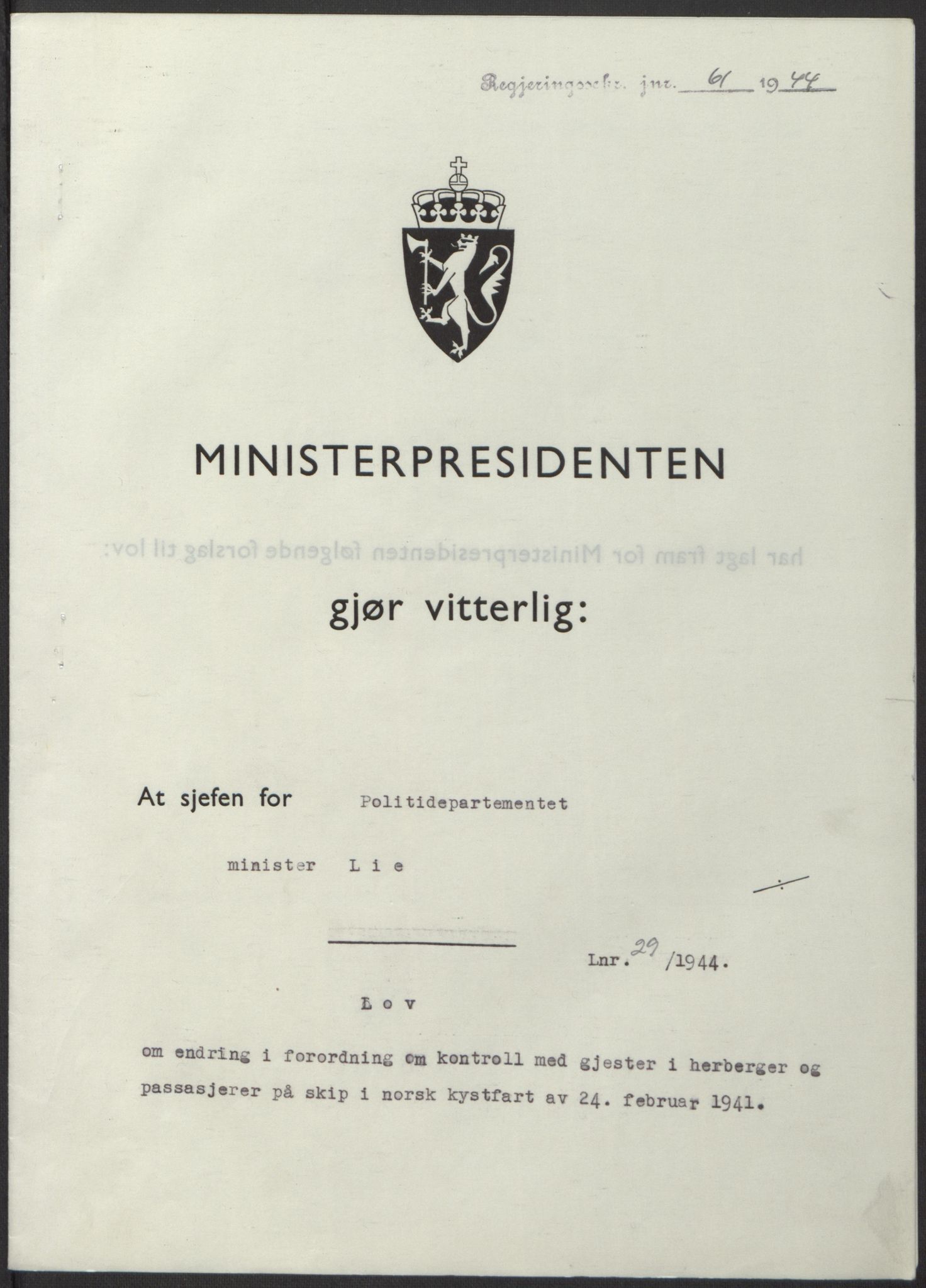 NS-administrasjonen 1940-1945 (Statsrådsekretariatet, de kommisariske statsråder mm), RA/S-4279/D/Db/L0100: Lover, 1944, p. 138