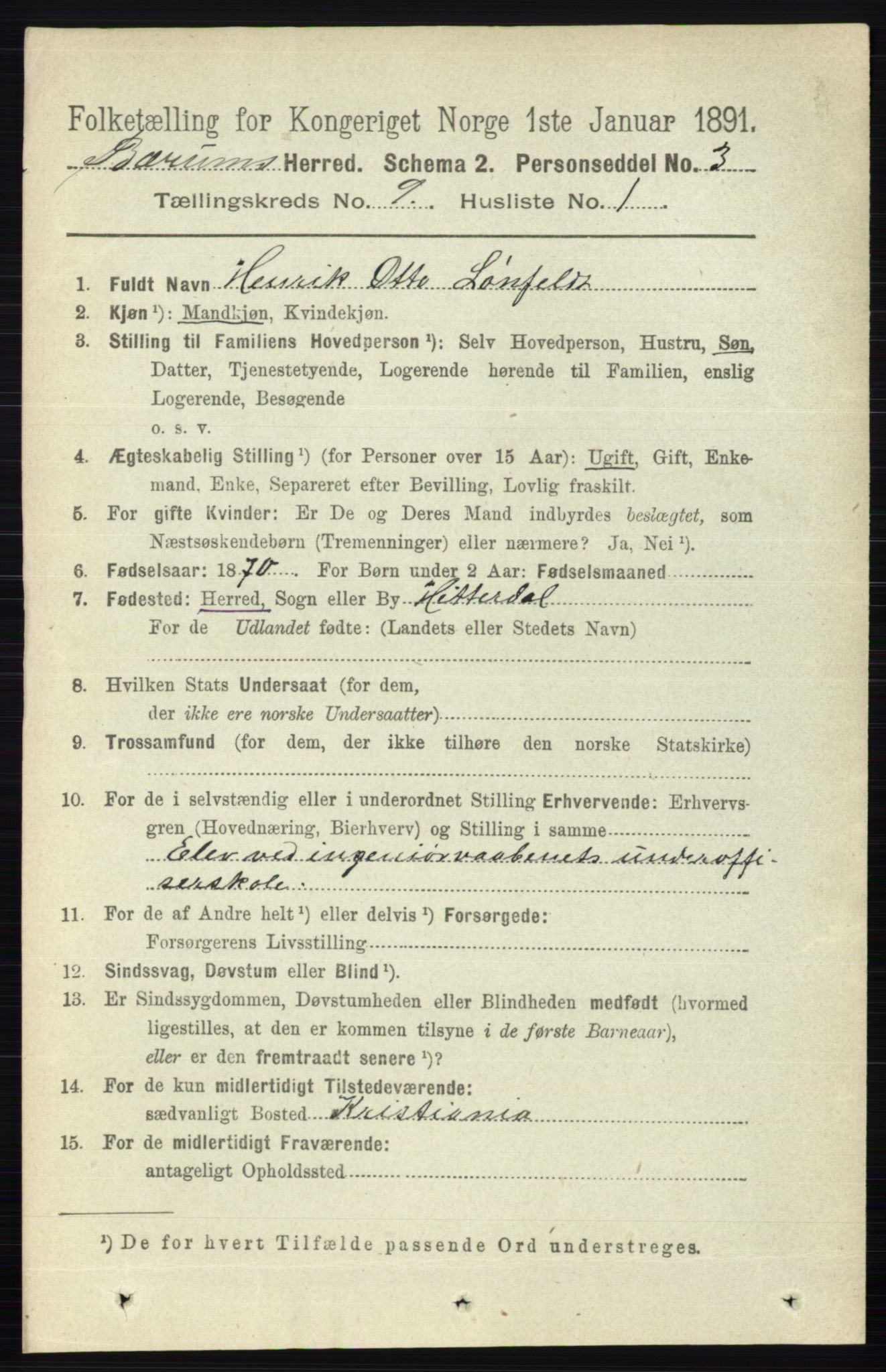 RA, 1891 census for 0219 Bærum, 1891, p. 5136