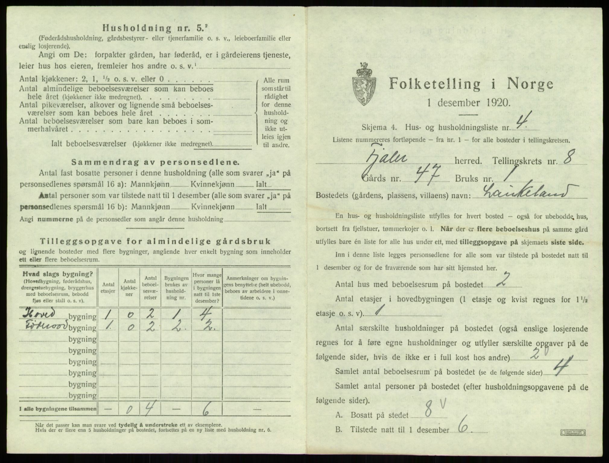 SAB, 1920 census for Fjaler, 1920, p. 599