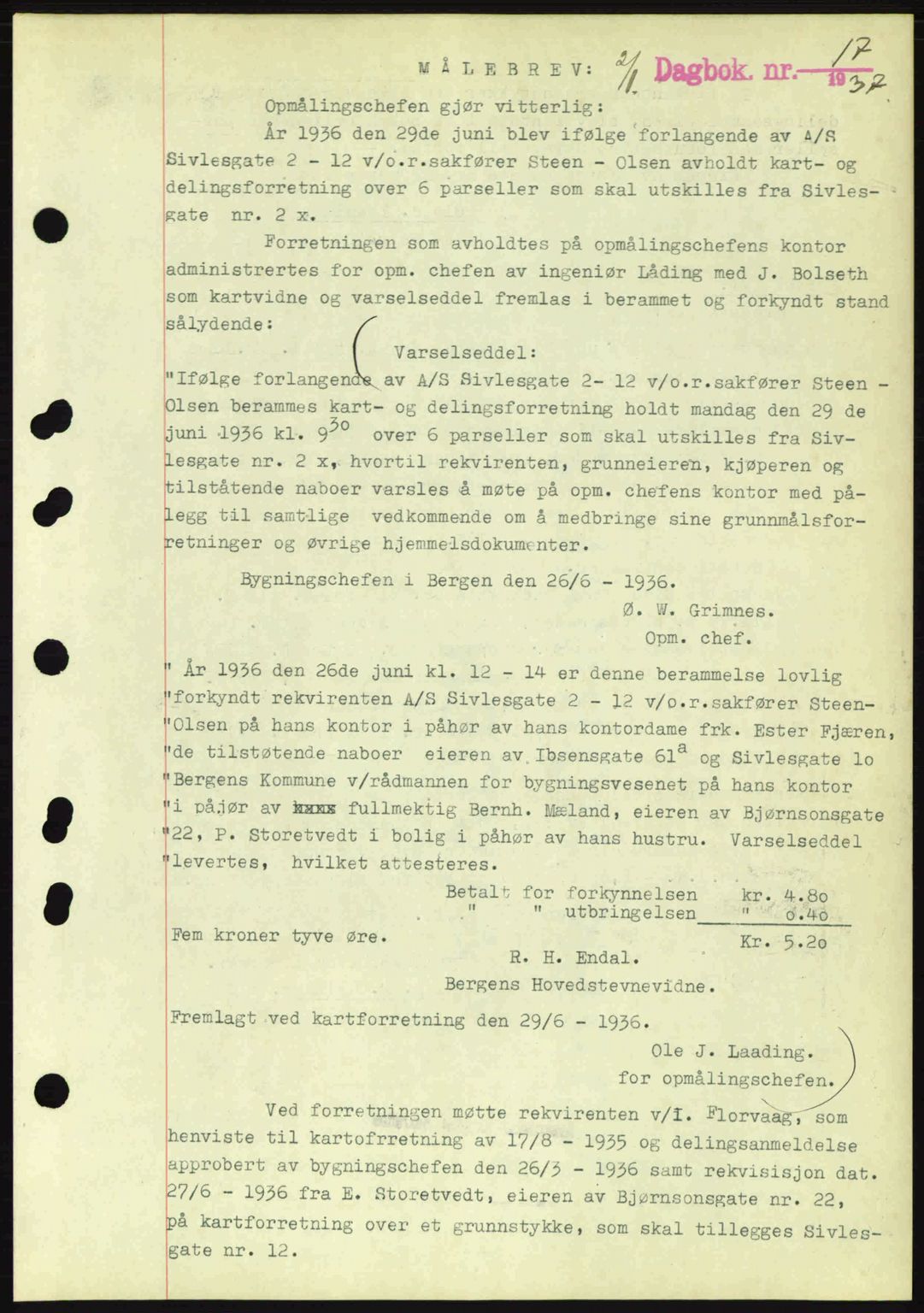 Byfogd og Byskriver i Bergen, SAB/A-3401/03/03Bc/L0004: Mortgage book no. A3-4, 1936-1937, Diary no: : 17/1937