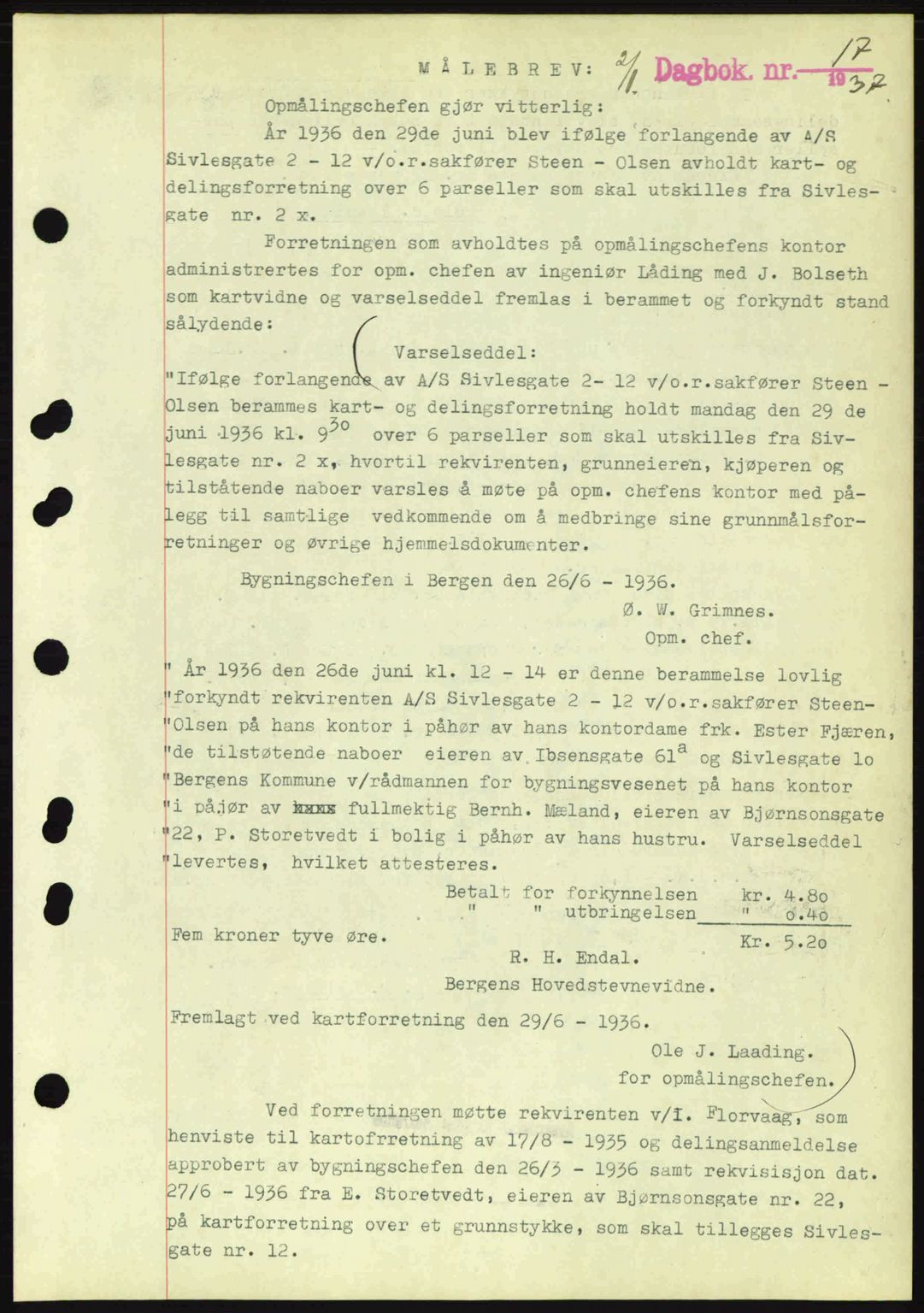 Byfogd og Byskriver i Bergen, AV/SAB-A-3401/03/03Bc/L0004: Mortgage book no. A3-4, 1936-1937, Diary no: : 17/1937