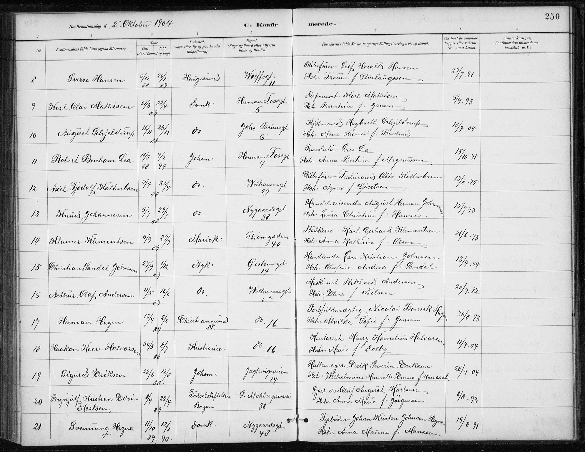 Johanneskirken sokneprestembete, AV/SAB-A-76001/H/Haa/L0008: Parish register (official) no. C 1, 1885-1907, p. 250