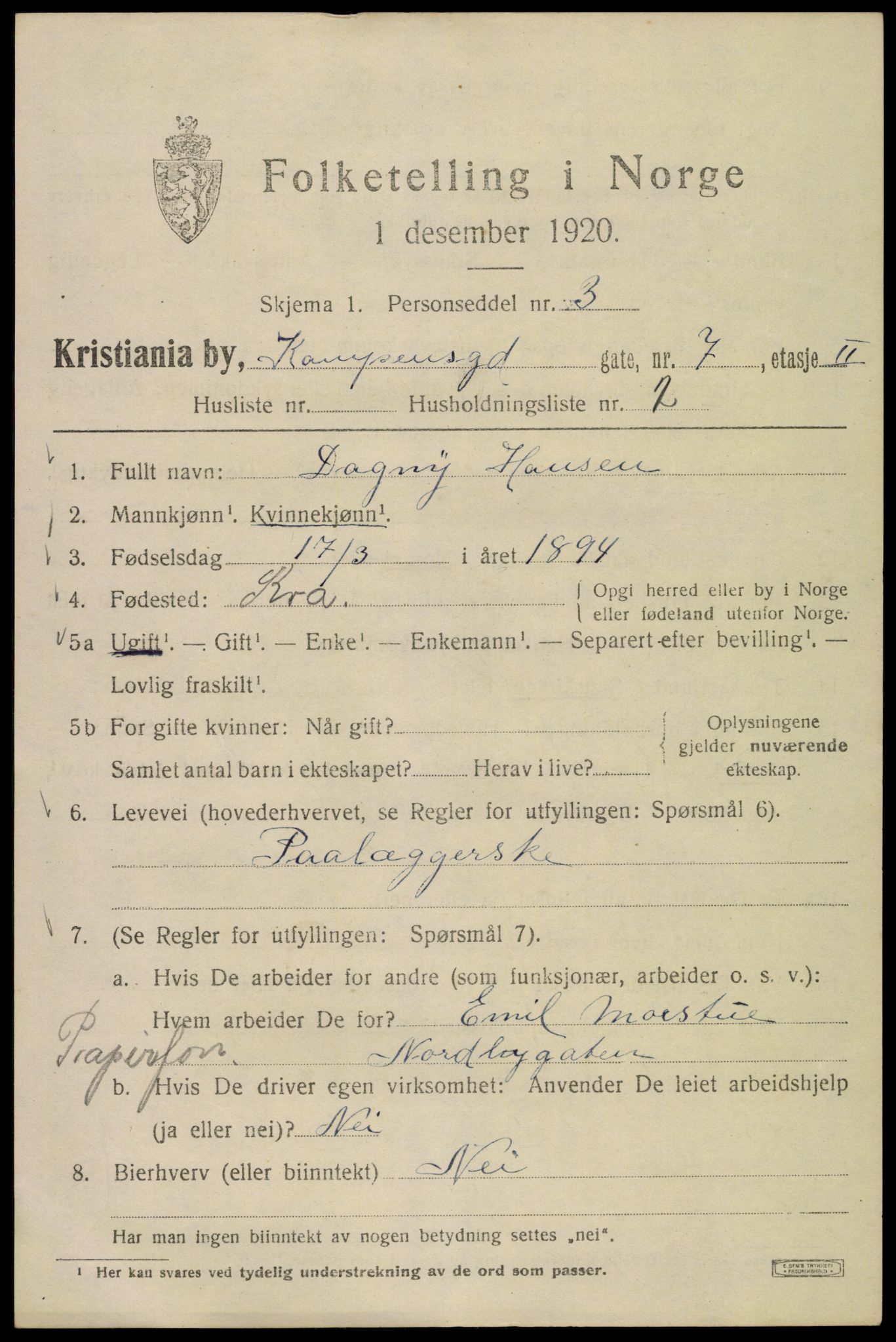 SAO, 1920 census for Kristiania, 1920, p. 326701