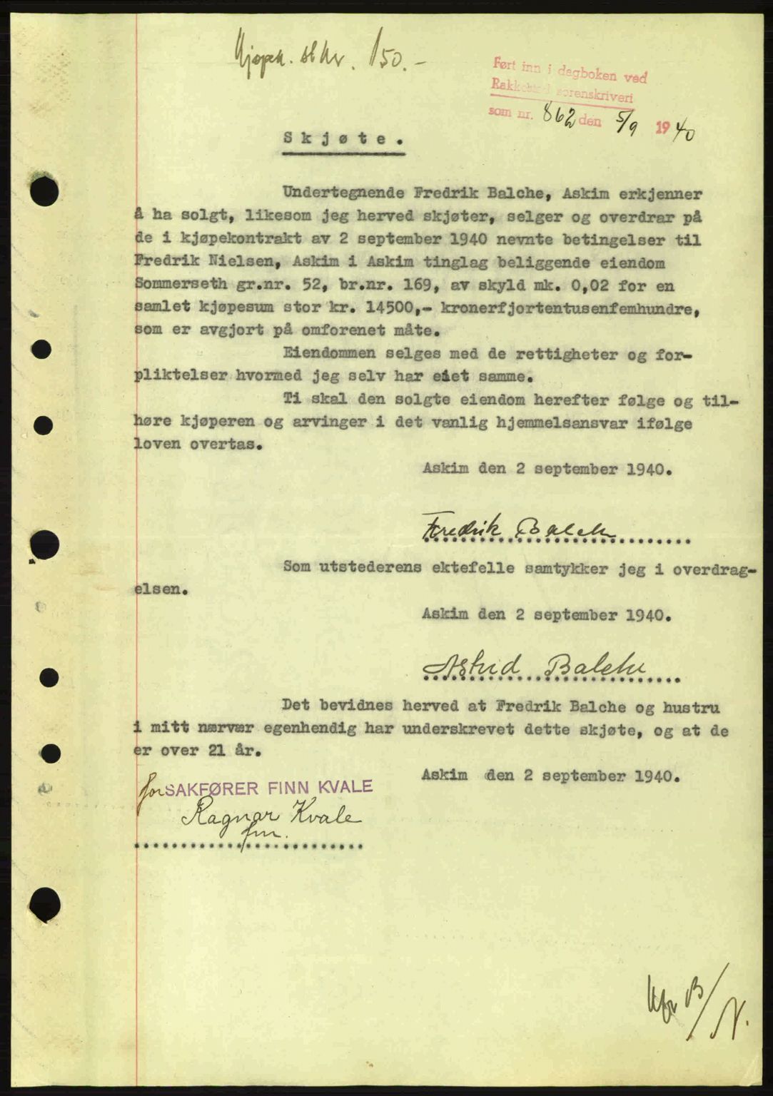 Rakkestad sorenskriveri, SAO/A-10686/G/Gb/Gba/Gbab/L0006: Mortgage book no. A6, 1940-1941, Diary no: : 862/1940